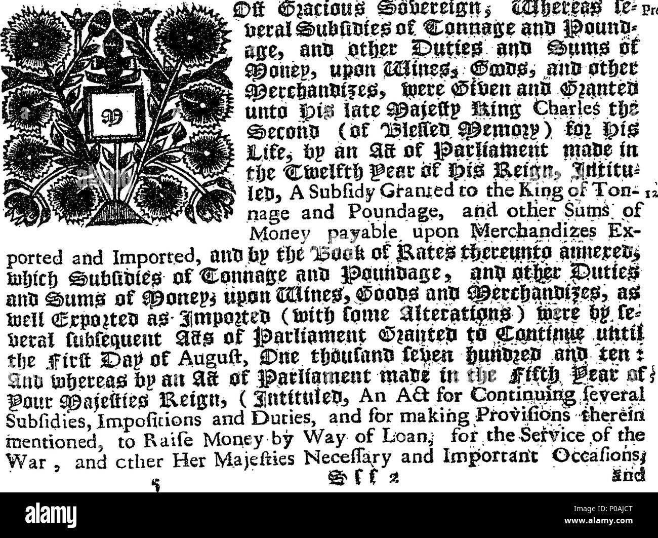. English: Fleuron from book: An Act for continuing one half part of the subsidies of tonnage and poundage, and other duties upon wines, goods and merchandizes imported, which were granted to the Crown in the twelfth year of the reign of King Charles the Second, and for settling a fund thereby, and b other ways and means, for payment of annuities, not exceeding eighty thousand pounds per annum, to be sold for raising a further supply to Her Majesty, for the service of the year one thousand seven hundred and eight, and other uses therein expressed. 295 An Act for continuing one half part of the Stock Photo