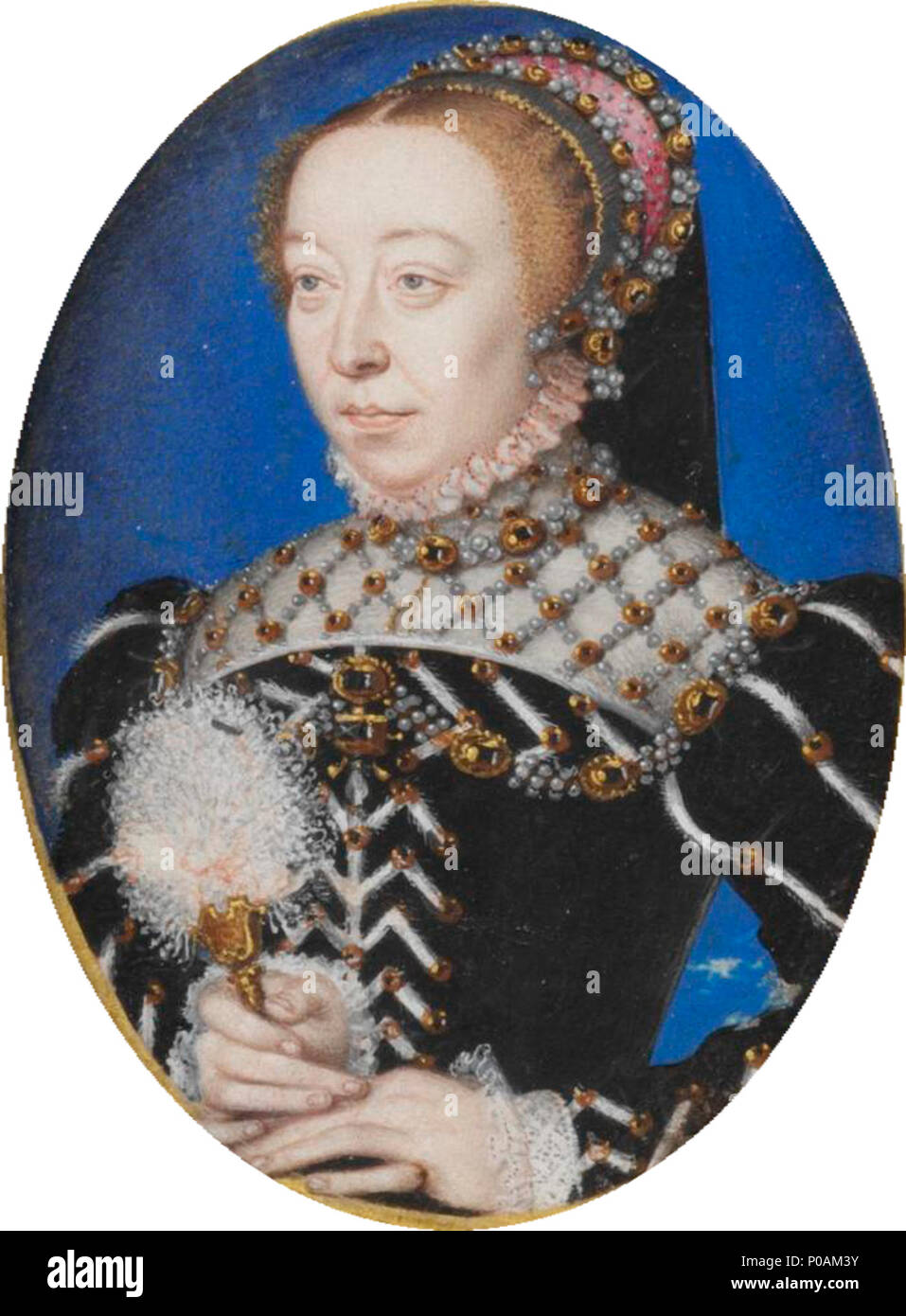 . Miniature of Catherine de' Medici, 'a rare portrait of Catherine before she was widowed in 1559, when she adopted the veil and severely plain dress of a widow.'  . Portrait of Catherine de' Medici (1519-1589) . circa 1555 16 Catherine-de-medici Stock Photo