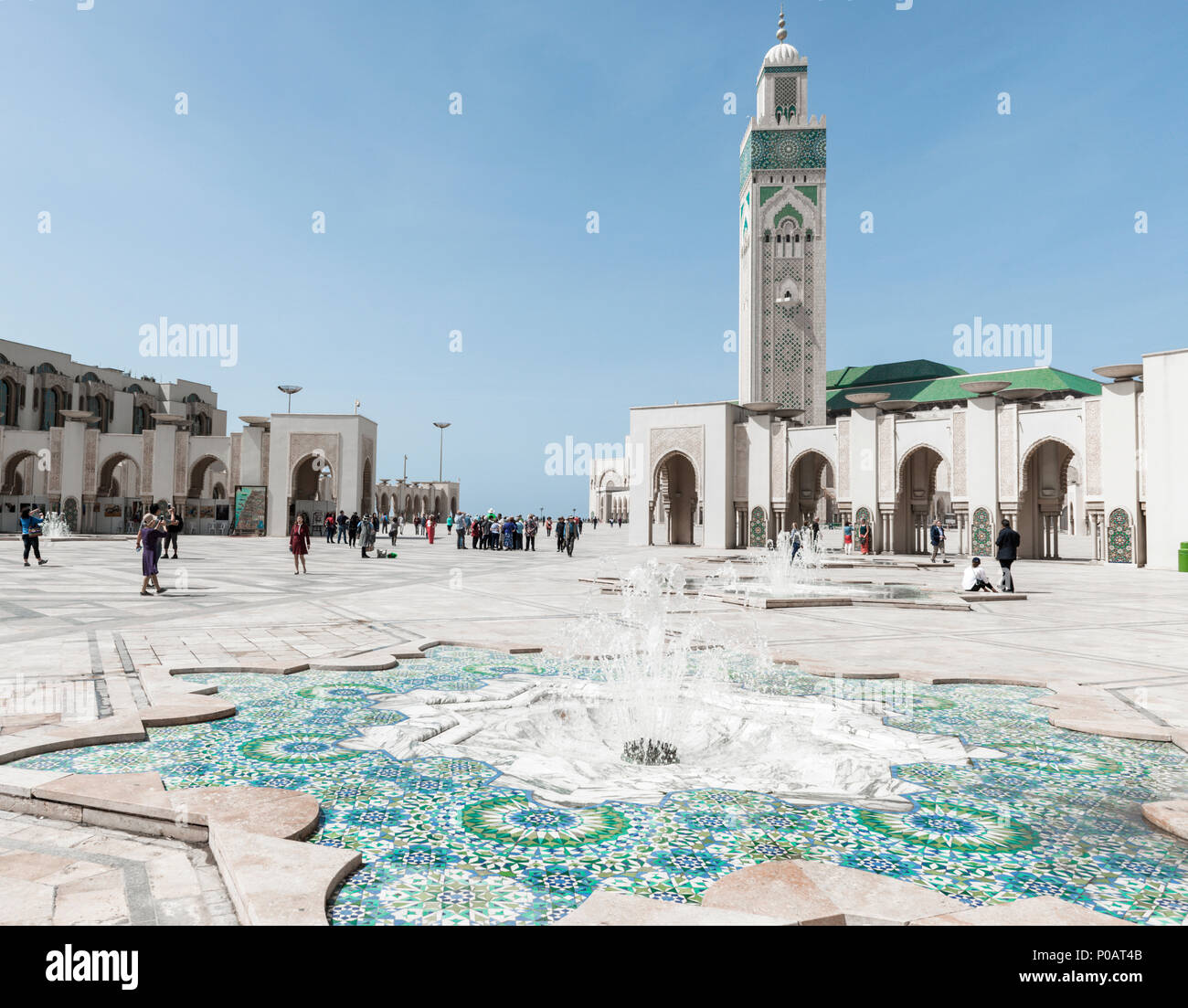Fountain, Hassan II Mosque, Grande Mosquée Hassan II, Moorish architecture, with 210m highest minaret of the world, Casablanca Stock Photo