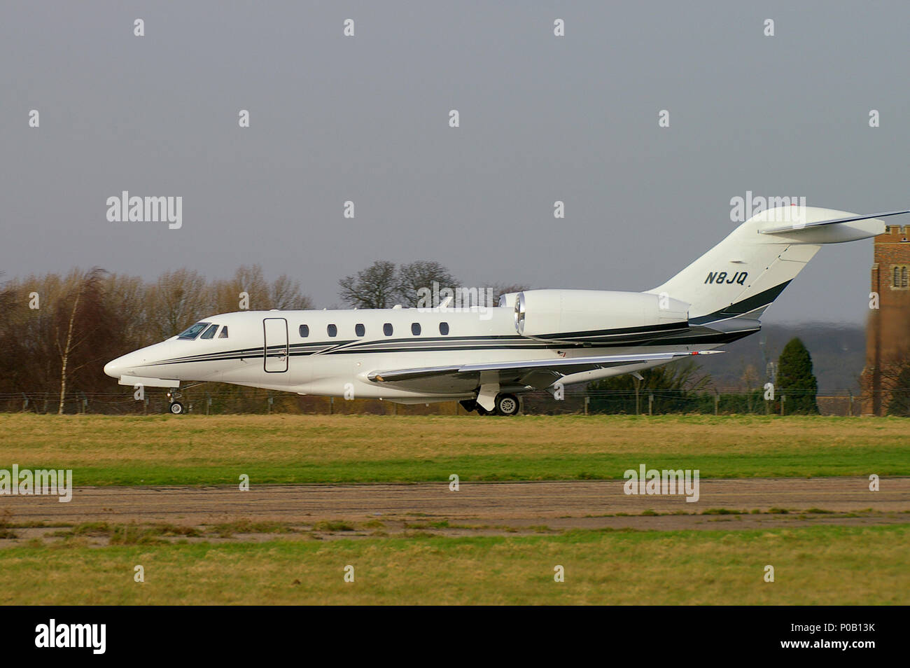 Cessna 750 Citation X business jet N8JQ. Executive transport jet plane registered to Cessna Finance Corporation. Holding for take off at Southend Stock Photo