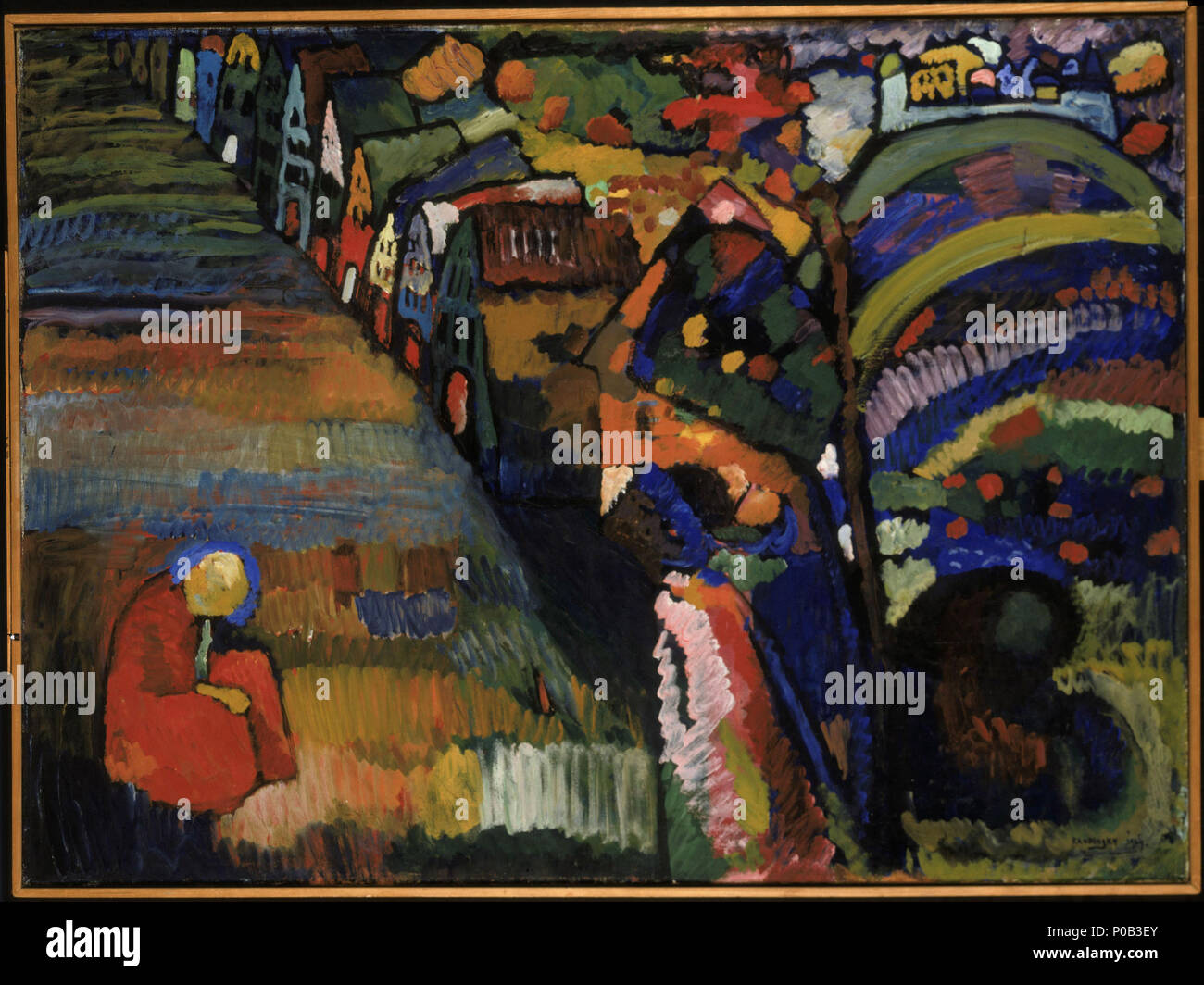 Netherlands Looted Art This photo provided by Stedelijk Museum in Amsterdam on Tuesday, Oct. 29, 2013, shows the 1909 painting Image with Houses by Wassily Kandinsky. Dutch museums have identified 139 pieces of art, including dozens of paintings, one by Matisse and many by Dutch painters of varying renown such as Impressionist Isaac Israels, as likely having been taken forcibly from Jewish owners. (AP Photo/Stedelijk Museum) 116 Кандинский Картина с домами Stock Photo