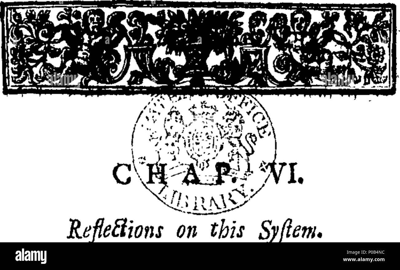 . English: Fleuron from book: A physical dissertation, concerning The Cause of the Variation of the Barometer, the form of the globe of the earth, the diminution of heavy bodies, the flux and reflux of the sea; wherein some mistakes in Sir Isaack Newton's system are rectify'd. As also, that it is impossible to find out the longitude; And that those who pretend to make that Discovery, are Impostors. Written originally in French by the Sieur Jaques de Roubais du Tourcoin, and publish'd by Monsieur S. Dury de Champdere, now Engineer to their High Mightinesses, the Lords, the States-General of the Stock Photo