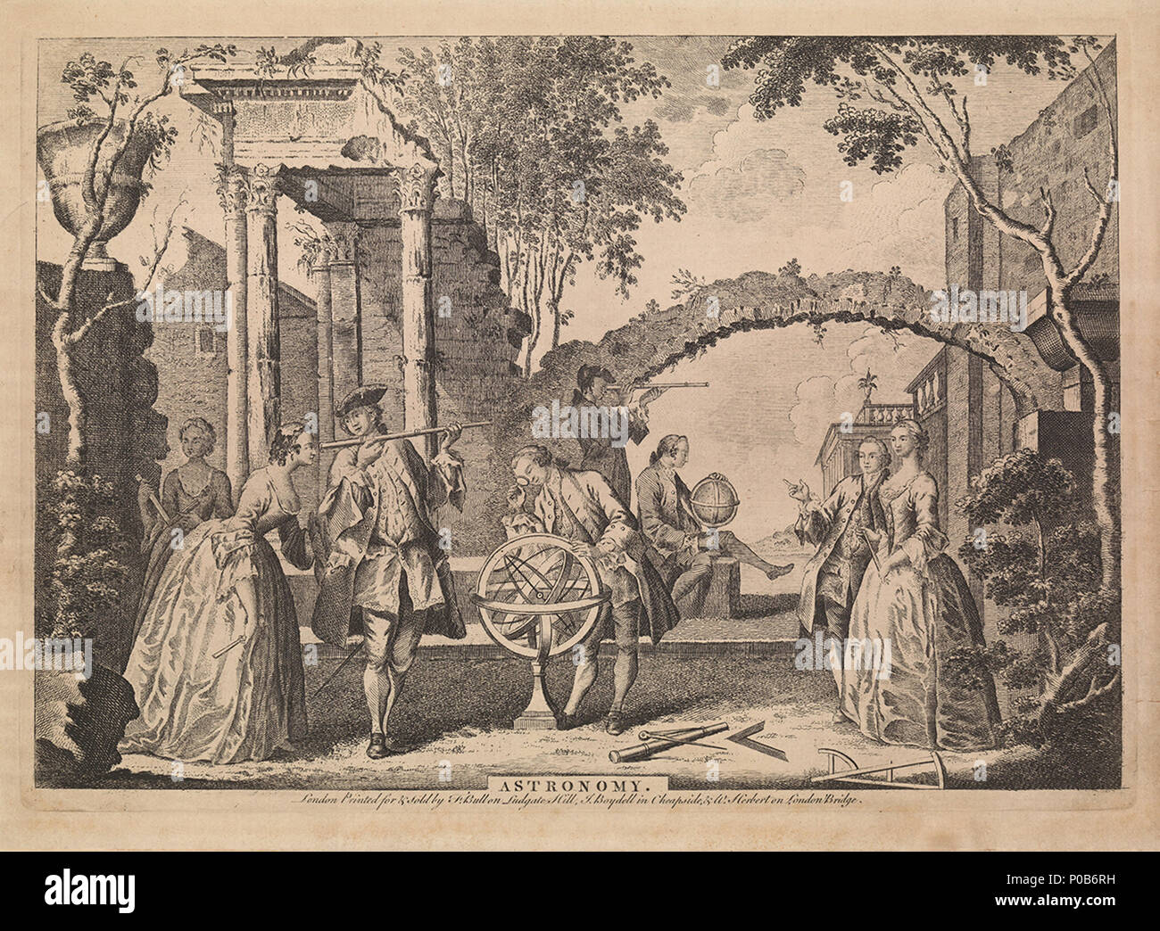 .  English: Astronomy This etching, entitled 'Astronomy', depicts a group of three women and five men in an idealised setting of classical ruins discussing astronomy, or looking at astronomical instruments. The instruments depicted are a number of hand-held telescopes, an armillary sphere, a celestial globe, divers, a set square and back-staff. It displays astronomy as polite knowledge, suitable for the entertainment and instruction of young ladies as well as gentlemen. The print, one of a series depicting the arts and sciences, was printed for and sold by F.Bull on Ludgate Hill, J.Boydell in  Stock Photo