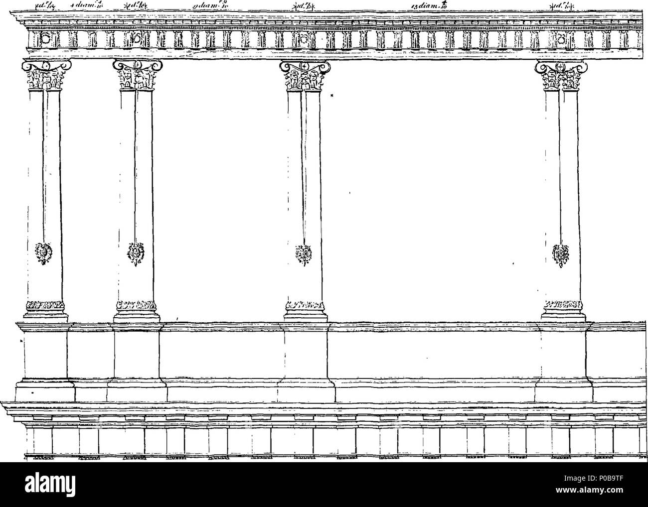 . English: Fleuron from book: A proposition for a new order in architecture, with rules for drawing the several parts. Shewing The Intercoluminations, Arcades, Windows and Niches of this Composition; and how it is adapted to assemble with the Grecian and Roman Orders: Also the Manner of placing it over the Doric, Ionic, Corinthian and Composite Orders. Shewing, likewise, how Columns of this Composition may be doubled for the Support of the Angle of a Building (as Palladio has doubled those of the Doric Order on the projecting Angle in the Front of the Palace of Count Valerio at Vicenza, where  Stock Photo