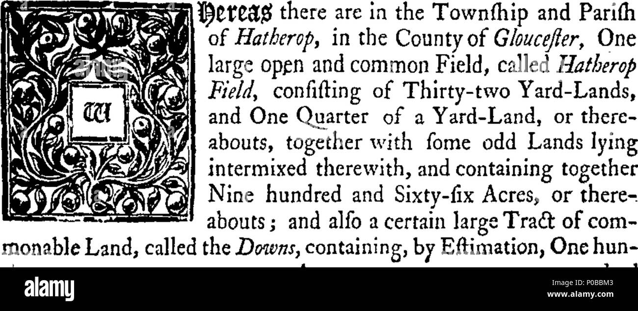 . English: Fleuron from book: An act for dividing and inclosing the open and common field, downs and commonable lands, and allotting the old inclosures herein aftermentioned, lying within the township and parish of Hatherop, in the county of Gloucester. 296 An act for dividing and inclosing the open and common field Fleuron T066679-1 Stock Photo