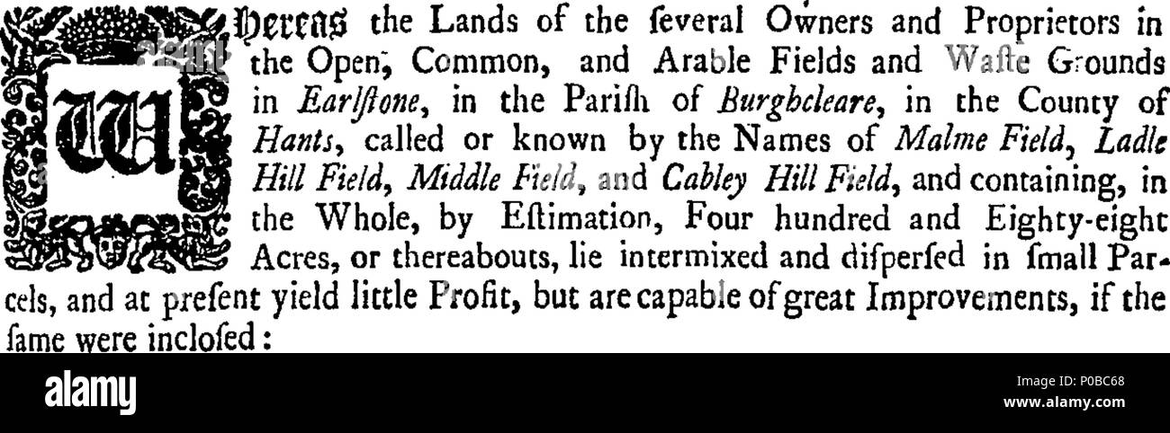 . English: Fleuron from book: An act for dividing, Allotting, and Inclosing, the Common, Open, and Arable Fields, and Waste Grounds, in Earlstone, in the Parish of Burghcleare, in the County of Hants. 297 An act for dividing Fleuron T061730-1 Stock Photo