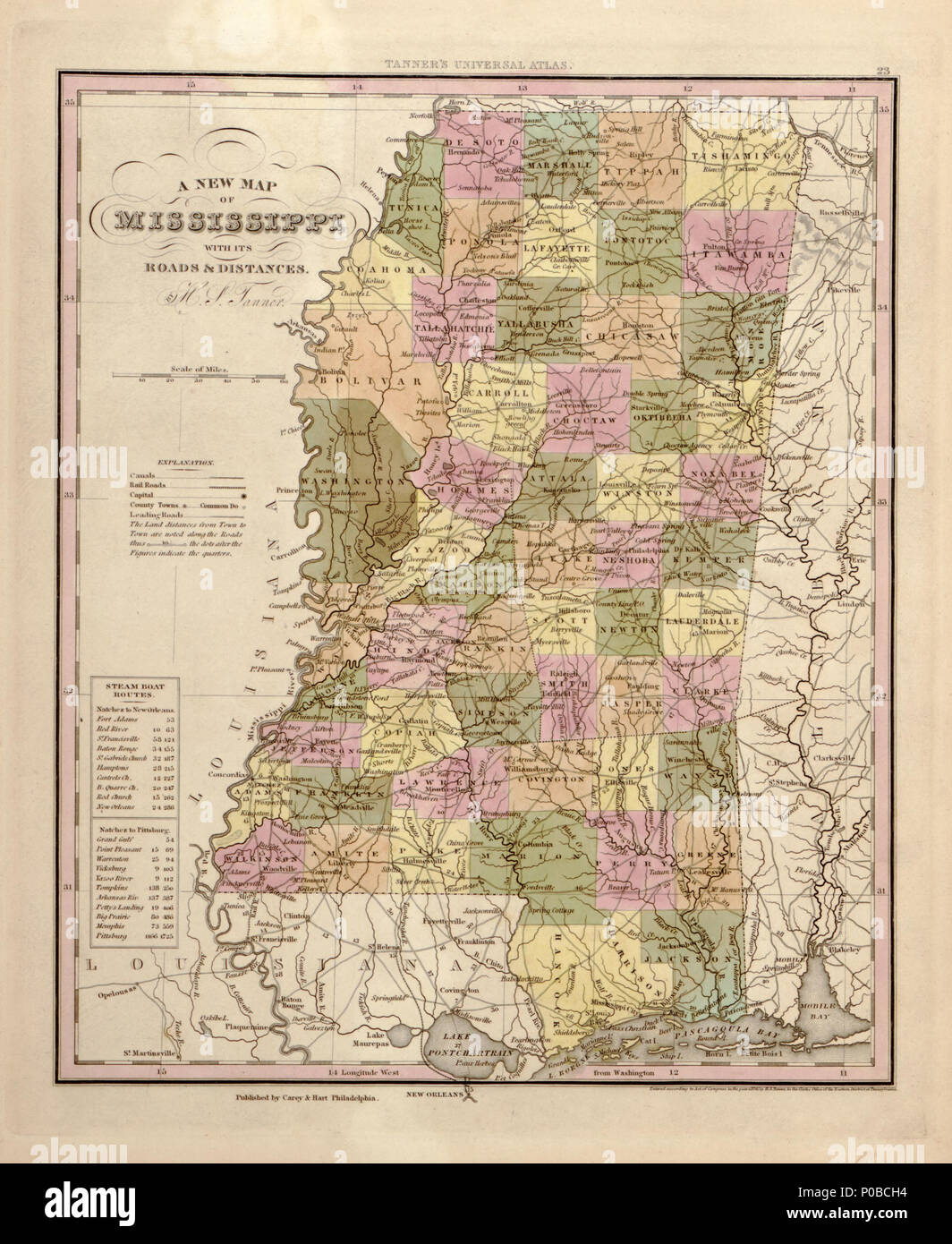 . English: Relief shown by hachures. Differs from other 1844 ed. in that the printed plate numbers on 34 maps do not correspond to the plate numbers printed in the table of contents. Engraved t.p. LC Civil War maps (2nd ed.), S193 Phillips, 4324 Available also through the Library of Congress Web site as a raster image. LC copy signed in ink on front fly-leaf 'Sherman 1844'. Numerous ink and pencil annotations on margins and versos of maps, including 7 maps. LC copy rebound and boxed in green cloth, with all pages encapsulated. Original boards with Sherman bookplate retained in box.  . A new un Stock Photo