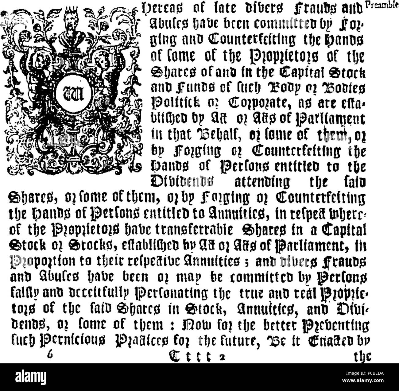 . English: Fleuron from book: An Act to prevent the mischiefs by forging powers to transfer such stocks, or to receive such annuities or dividends as are therein mentioned, or by fraudulently personating the true owners thereof; and to rectifie mistakes of the late managers for taking subscriptions for increasing the capital stock of the South-Sea Company, and in the instruments founded thereupon. 302 An Act to prevent the mischiefs by forging powers to transfer such stocks Fleuron N050646-1 Stock Photo