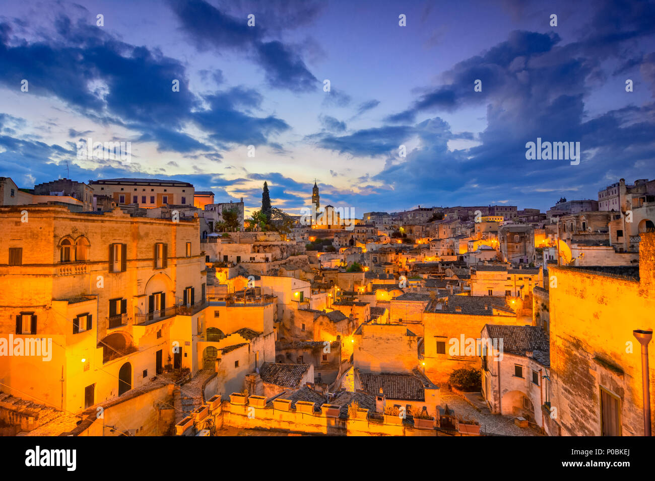 Matera, Basilicata, Italy: Night view of the old town - Sassi di Matera, European Capital of Culture, at dawn Stock Photo