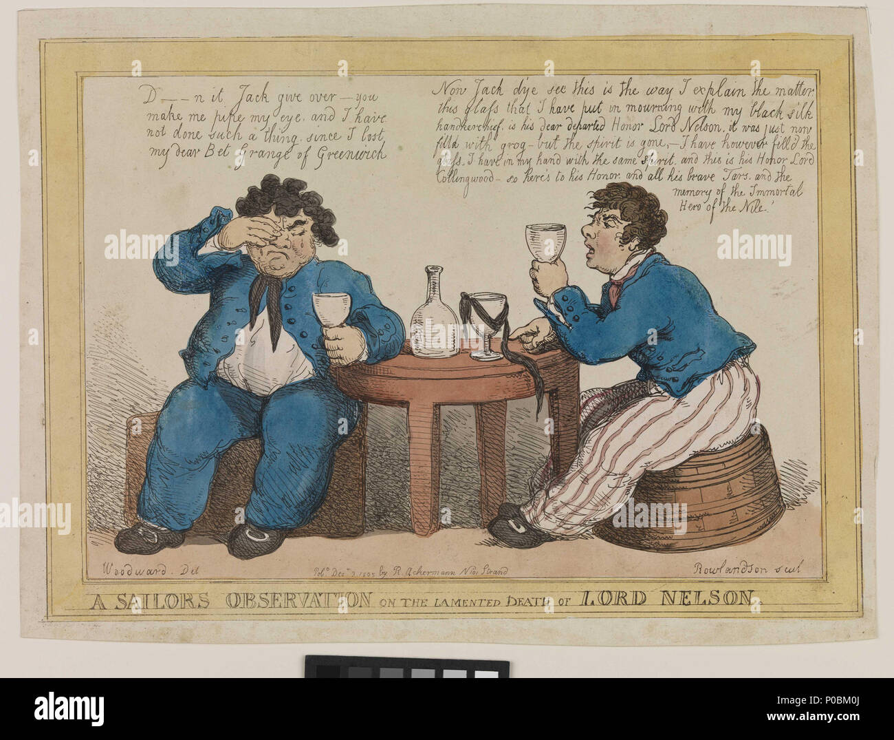 .  English: A Sailor's Observation on the Lamented Death of Lord Nelson (caricature) This contemporary caricature captures the grief felt by ordinary sailors when they heard the news of Nelson’s death. The sailor on the right is drinking to ‘The memory of the Immortal Hero of the Nile’ – one of the earliest references to this famous toast, which is still drunk at traditional Trafalgar Night Dinners today. Hand-coloured. A Sailor's Observation on the Lamented Death of Lord Nelson (caricature)  . 3 December 1805. George Murgatroyd Woodward (artist) (artist); Rowlandson, Thomas (engraver); Rudolp Stock Photo