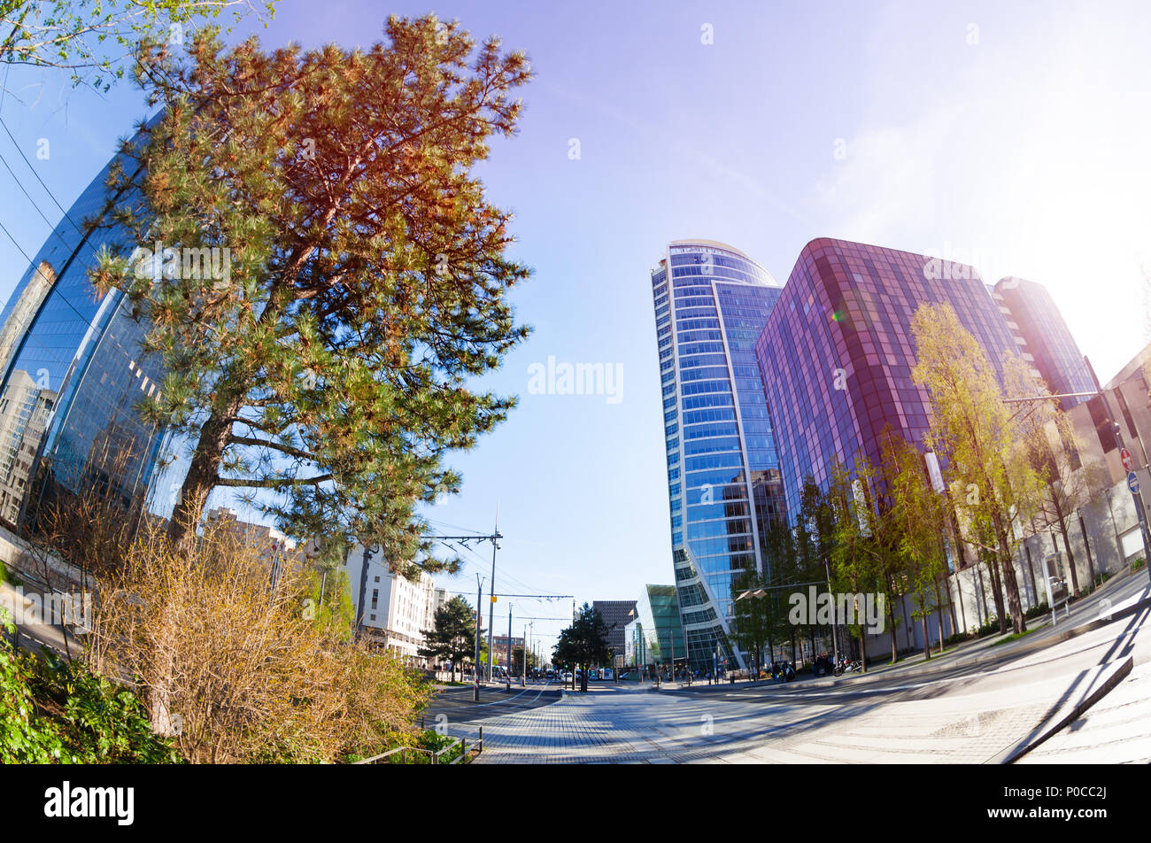 Fisheye picture of La PartDieu district with its towers at sunny day