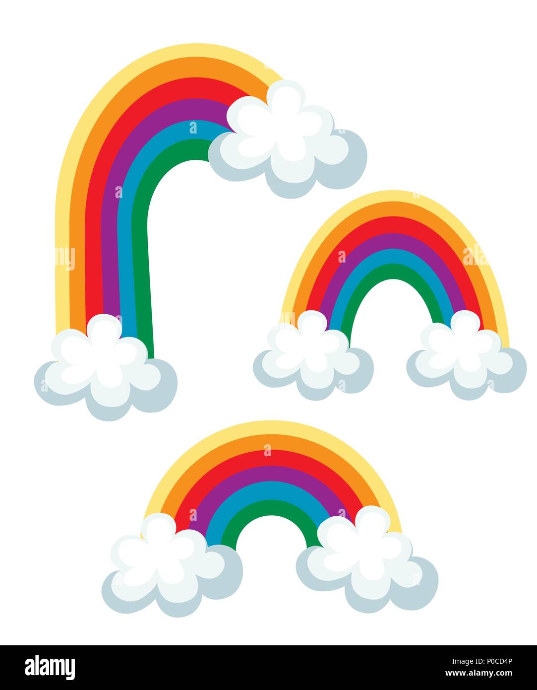Set of color rainbows with clouds. Three different rainbow. Vector illustration isolated on white background. Stock Vector