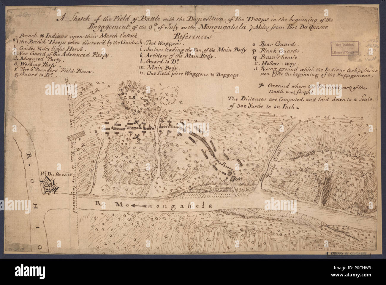 . English: Scale 1:10,800; 300 yards to an in. Manuscript, pen-and-ink. Relief shown by hachures. The name R. Ohio applies also to the Allegheny. 'No. 27.' Available also through the Library of Congress Web site as a raster image. Includes index to points of interest and military positions. Vault AACR2: 440; 651/1; 650/3  . A sketch of the field of battle with the disposition of the troops in the beginning of the engagement of the 9th of July on the Monongahela 7 miles from Fort Du Quesne.. 1755. Unknown 206 A sketch of the field of battle with the disposition of the troops in the beginning of Stock Photo