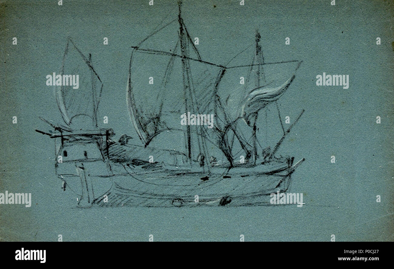 .  English: A small merchant vessel, probably Mediterranean This rapid but accurate drawing, apparently made from close quarters, depicts a small three-masted vessel viewed from the starboard quarter. If the craft is indeed a Mediterranean one it is possible that it was drawn by van de Velde when he visited the Mediterranean in 1694 possibly suggesting an earlier dating. There are in the NMM’s collection a number of drawings by van de Velde in black chalk on grey paper. Some of these are similar to others in the collection made by the English marine painter Samuel Scott in the 1720s and 1730s. Stock Photo