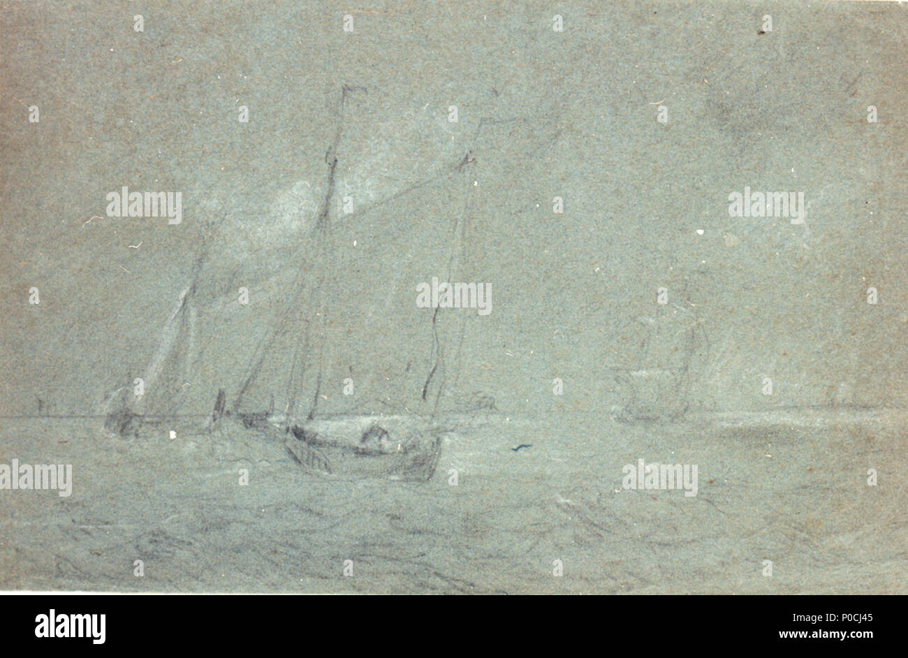 .  English: A smalschip in stays On the left, a port broadside view of a smalschip in a fresh breeze with her sails shaking. On her starboard bow, another vessel a point free on the starboard tack, and in the right distance, a ship close-hauled on the starboard tack. This is an unsigned drawing by the Younger in black chalk heightened with white on grey paper. A smalschip in stays  . circa 1700. Willem Van de Velde, the Younger 206 A smalschip in stays RMG PW6992 Stock Photo