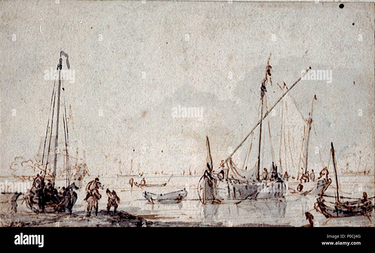 English: A smalschip, kaag and weyshcuit near the shore Various vessels and  figures combine to make up this busy beach scene. To the right is a  starboard quarter view of a