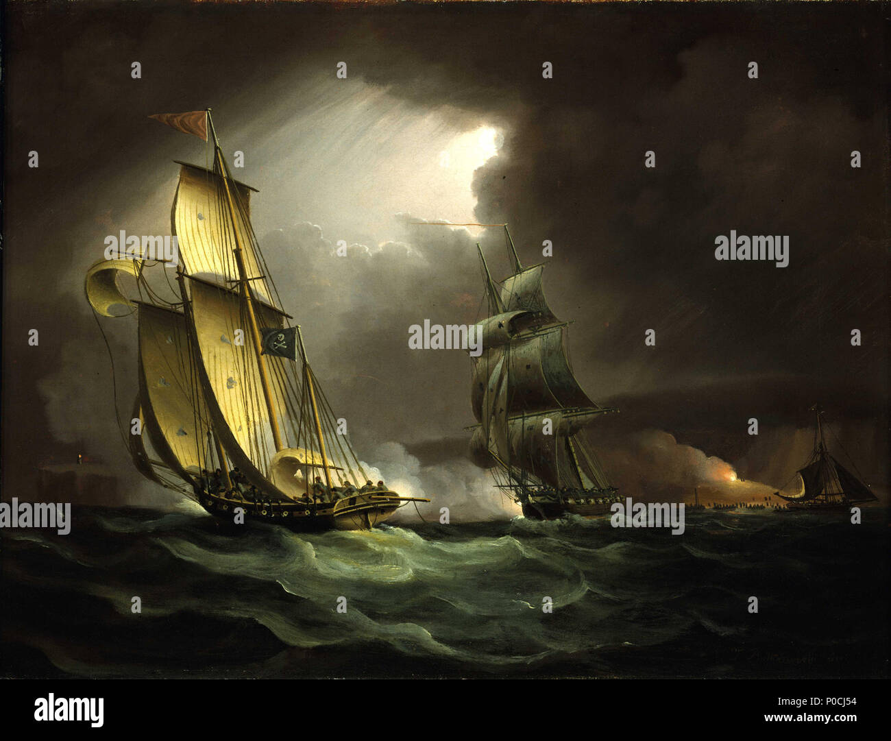 .  English: A Smuggling Lugger Chased by a Naval Brig This seascape of a smuggler being chased by a brig at night uses established theatrical means to create a sensation of adventure for the viewer. Across dark waves, which are lit dramatically out of tempestuous clouds, a smuggler is trying to escape. In the background, topographical features – which may relate to the British Channel coast – can be seen. Here, a fire reveals further raid-related action on the beach. In the late 18th century and early 19th century a scene like this fulfilled the audience’s appetite for romantic and adventurous Stock Photo
