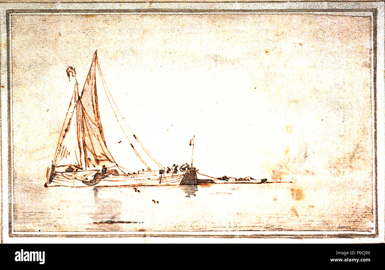 .  English: A somp becalmed A somp was a type of long barge built in the Dutch town of Enter and used extensively in the nearby province of Friesland. It had a distinctively shaped bow, clearly visible in this drawing, and a lower-than usual rig. This study is cautiously attributed by Robinson on the basis of comparison with similar, signed drawings by van de Velde, the Younger, in the Louvre (818) and Fitzwilliam Museum (PD 796-1963). A somp becalmed  . circa 1675. Willem Van de Velde, the Younger 207 A somp becalmed RMG PV5275 Stock Photo