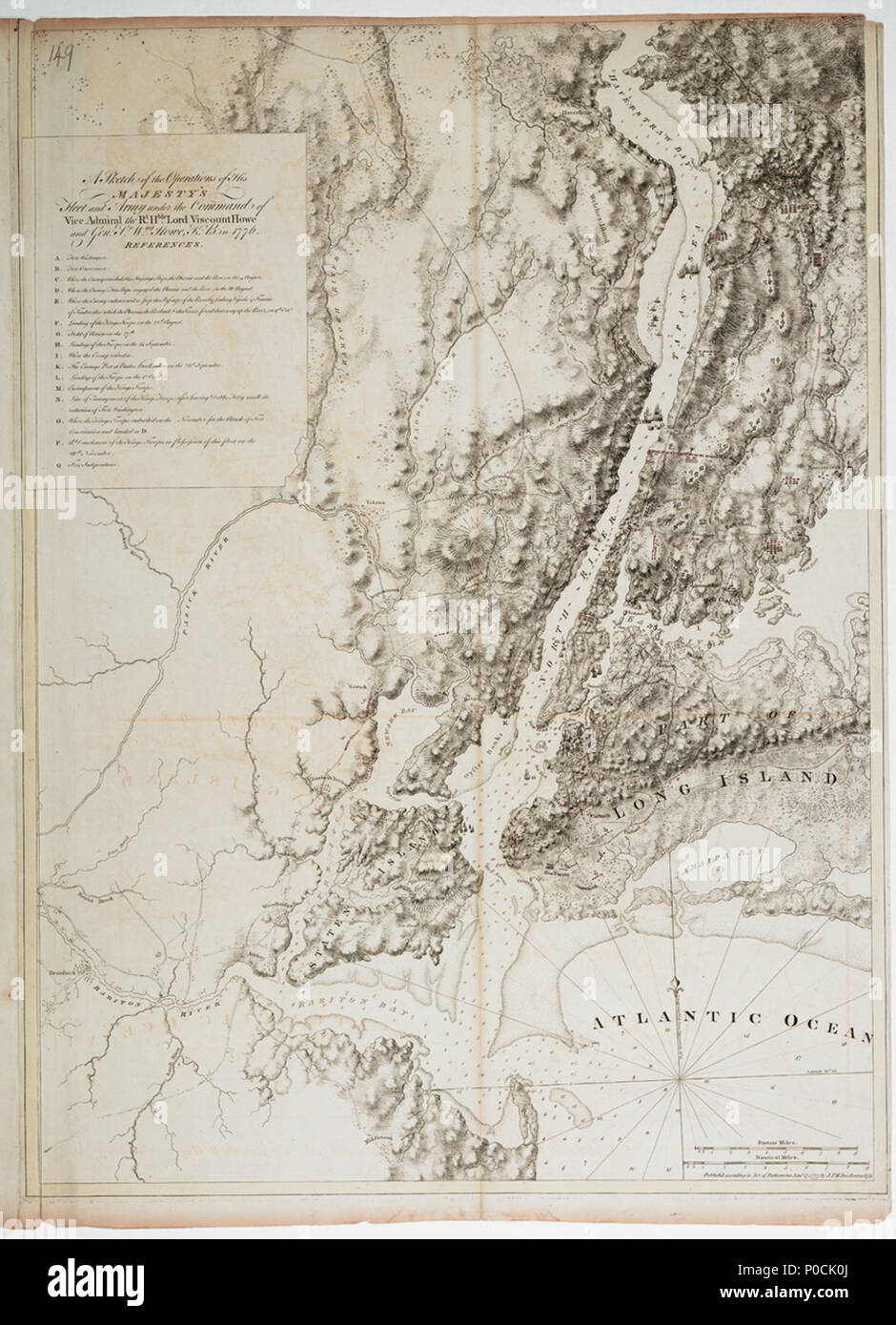 .  English: A sketch of the operations of His Majesty's fleet and army under the command of Vice Admiral the Rt. H.ble Lord Viscount Howe and Genl. Sr. Wm. Howe, K.B. in 1776.Single sheet. Engraved. Scale: ca. 1:132 000 (bar). Cartographic Note: Variation not shown, ungraduated. Bar scales in statute and nautical miles. Additional Places: New York, Hudson River. Contents Note: Shows roads, settlements, buildings, fortifications and ships. There is one example of this chart in the collection. Imprint Jan 17th 1777. Printed on Bates paper. Border yellow, troop positions coloured red. Joined to H Stock Photo