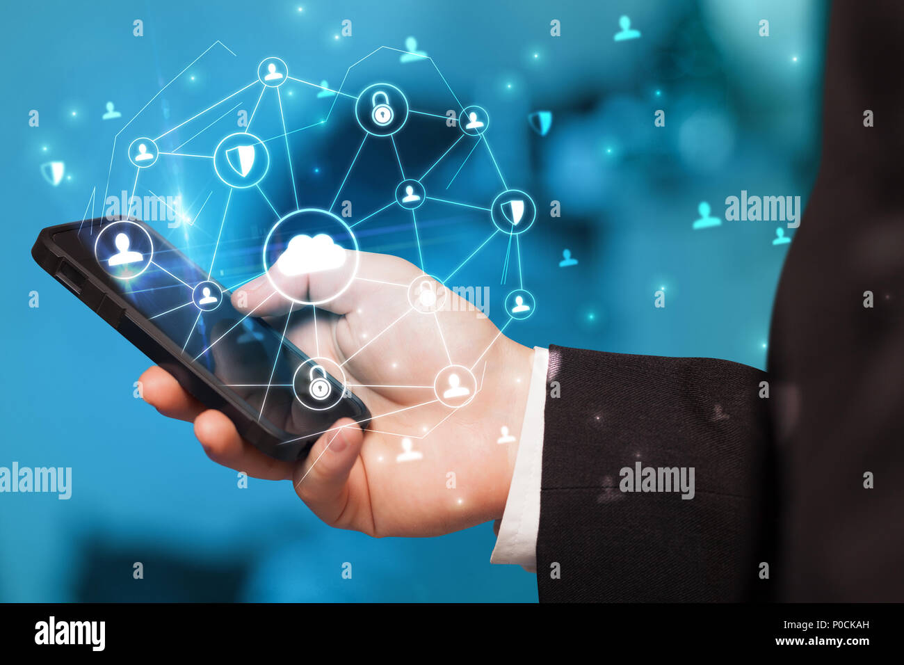 Hand using phone with centralized cloud computing system and network ...