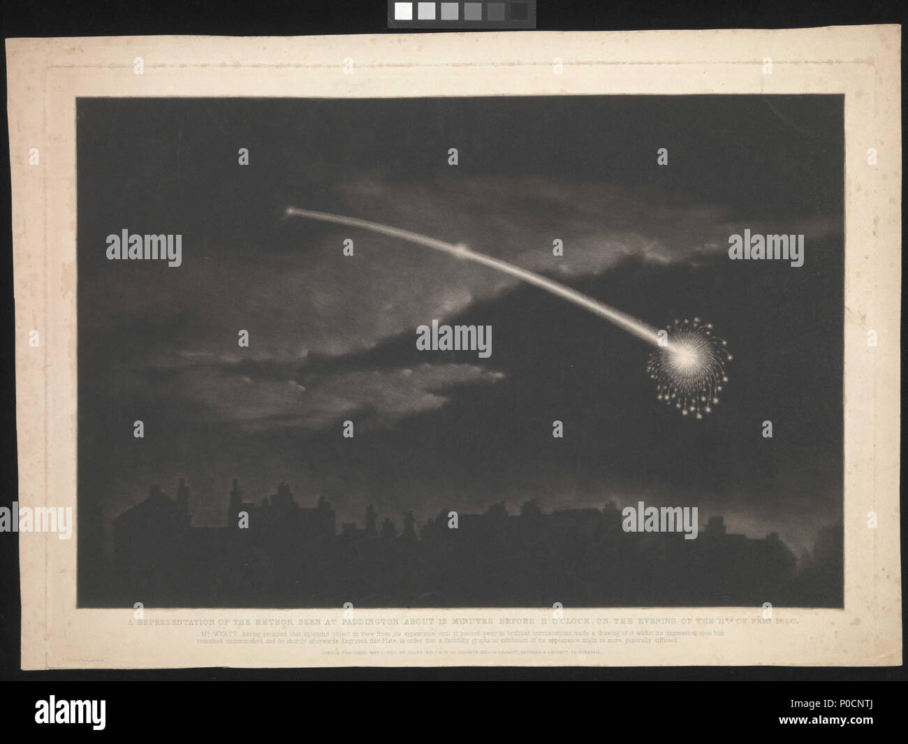 .  English: A Representation of the Meteor Seen at Paddington about 12 Minutes before 11 o'clock, on the Evening of the 11th of Feb. 1850 This is a mezzotint representation of a bright, exploding meteor seen over London in 1850. The image is dominated by the dark sky and streaking meteor, with rooftops and clouds just visible. The explosion and sparks of the meteor suggest that it was a bolide. It was drawn by Matthew Cotes Wyatt, who also produced the engraving so that 'a faithfully graphic exhibition of its appearance might be more generally diffused'. Wyatt was a painter and sculptor, and m Stock Photo