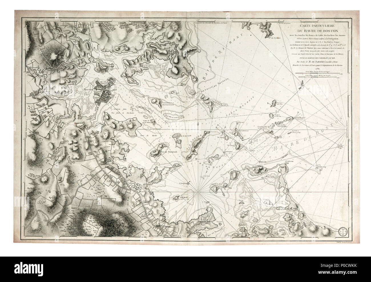 .  English: A chart of the harbour of Boston, composed from different surveys, but principally from that taken in 1769, by Mr George Callender, late Master of His Majesty's ship RomneyThree sheets. Engraved. Scale: ca. 1:25 000 (bar). Cartographic Note: Variation shown 7 degrees 40' W. Scales in fathoms and statute miles. Additional Places: Massachusetts. Contents Note: A sheet of nautical remarks and directions is included in each version, except B and H, credited to George Callendar, Master of HMS Romney, 1769. The collection also contains a French derivative of 96A, published by the Depot G Stock Photo