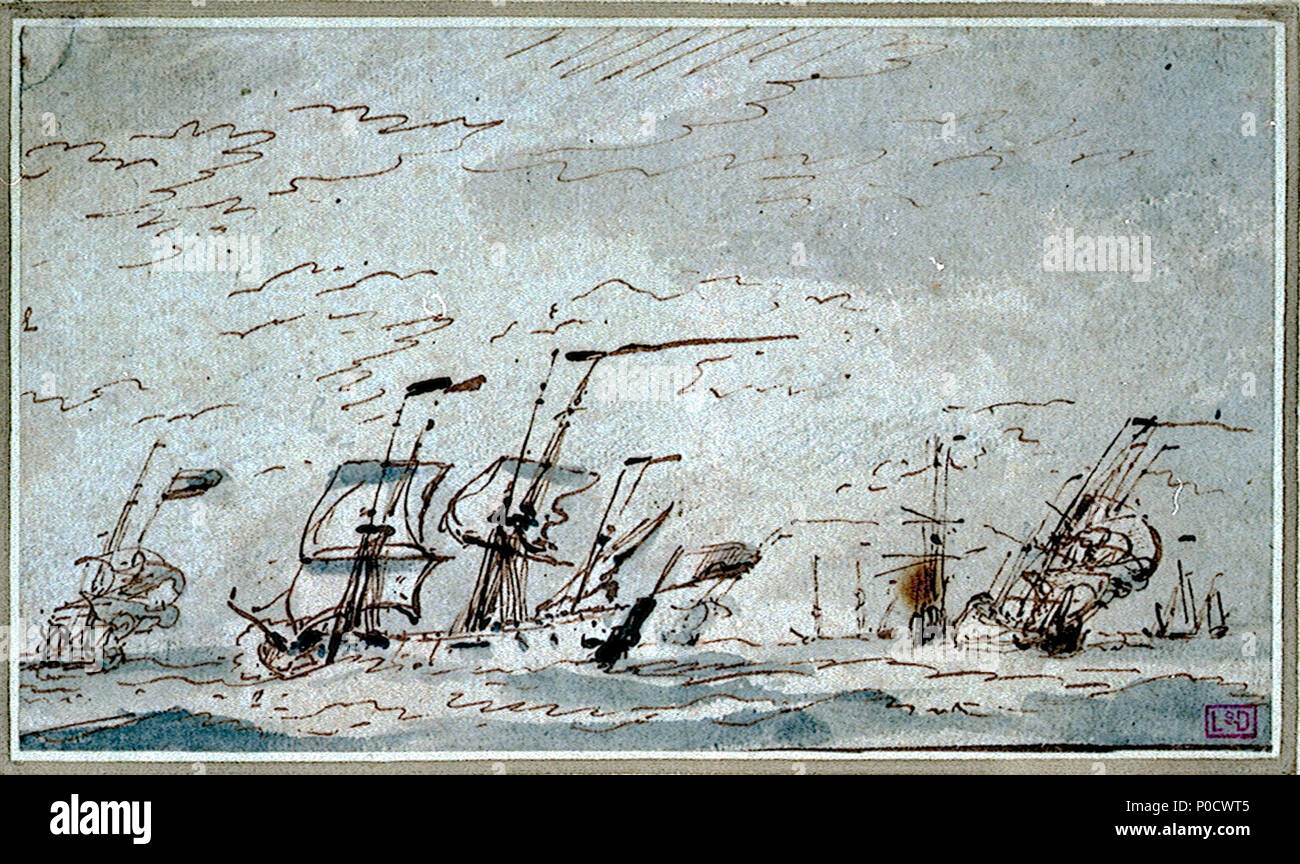 .  English: A ship close-hauled in a strong breeze To the left of centre is a broadside view of a ship facing a strong wind. In the middle distance, left and right, two ships run before the wind. Further towards the horizon other vessels lie at anchor. A ship close-hauled in a strong breeze  . circa 1700. Willem Van de Velde, the Younger 200 A ship close-hauled in a strong breeze RMG PV5349 Stock Photo