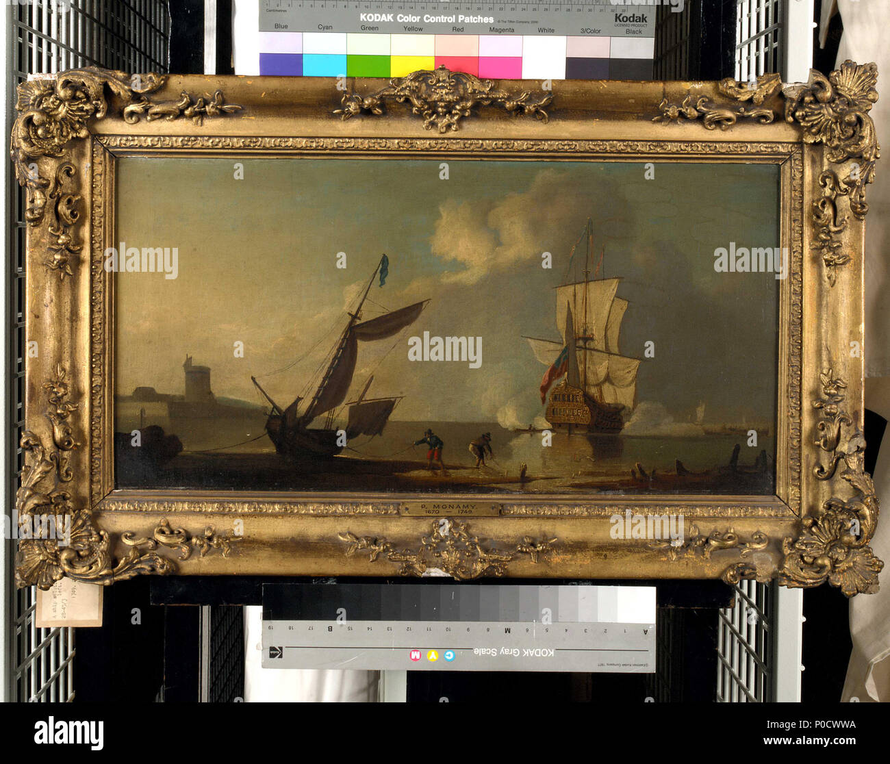 .  English: A ship saluting a fort Very little is known about this early English marine artist, who was a contemporary of Peter Monamy, and like him influenced by Willem van de Velde the younger, with whose late studio it is possible he could have been associated. This is an imaginary scene, for which parallels in terms of subject and treatment can be found in both the work of van de Velde and Monamy. The painter has usually been known as 'J. Cook' but a version has now (2012) surfaced of one of his favoured compositions, showing ships off Alexandria (see BHC0986), which is signed 'John Cook'  Stock Photo