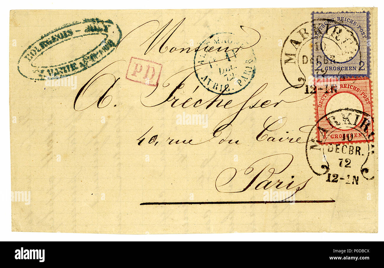 . English: Cover (folded letter) with stamps of Germany, 1 & 2 Groschen issue 1872, large shield, horseshoe Hufeisen cancelled at MARKIRCH (Alsace) on 10-12-1872, sent to Paris via AVRICOURT-PARIS line. Michel N°19-20.  . 10 December 1872 (scan 2014-08-16 11:23:34). Jacquesverlaeken 1 1872-1&amp;2Groschen Markirch Hufeisen Mi19-20 Stock Photo