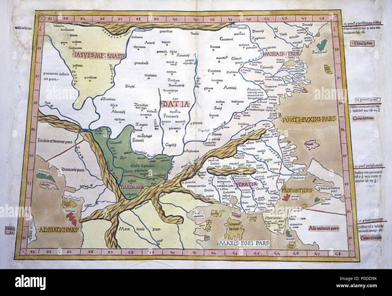 . English: Ptolemy's Ninth European Map, depicting the eastern and central Balkans, from the first Ulm edition of Ptolemy's Geography.  . 1482. Ptolemy, translated into Latin by Jacobus Angelus 19 Ptolemy's Ninth European Map Stock Photo