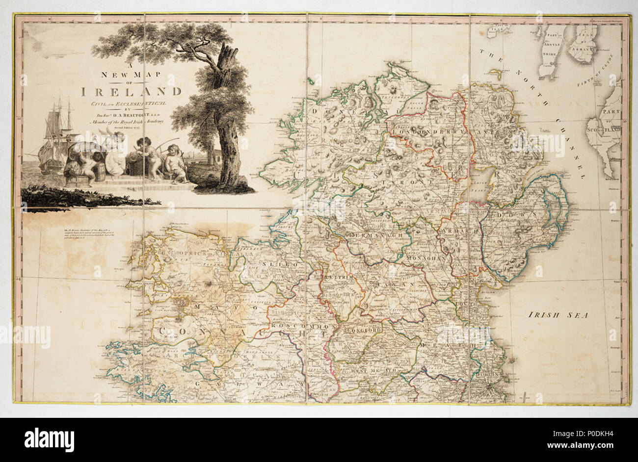 .  English: A new map of Ireland civil and ecclesiastical by the Rev.d D. A. Beaufort LLD Member of the Royal Irish Academy. 2nd Edn 1797Two sheets. Engr. Medium: Segmented and backed. Physical description Note: Coloured in outline. Scale: 1:500 000 (bar). Cartographic Note: Globular projection, meridian of Greenwich. Scales in Irish miles, English miles and French leagues. Contents Note: Dedicated to King George III. The cartouche shows cherubs with Irish produce and a cameo of George III on a quayside as a Royal Naval ship sails past. Ashore there is a church with its tower in scaffolding an Stock Photo