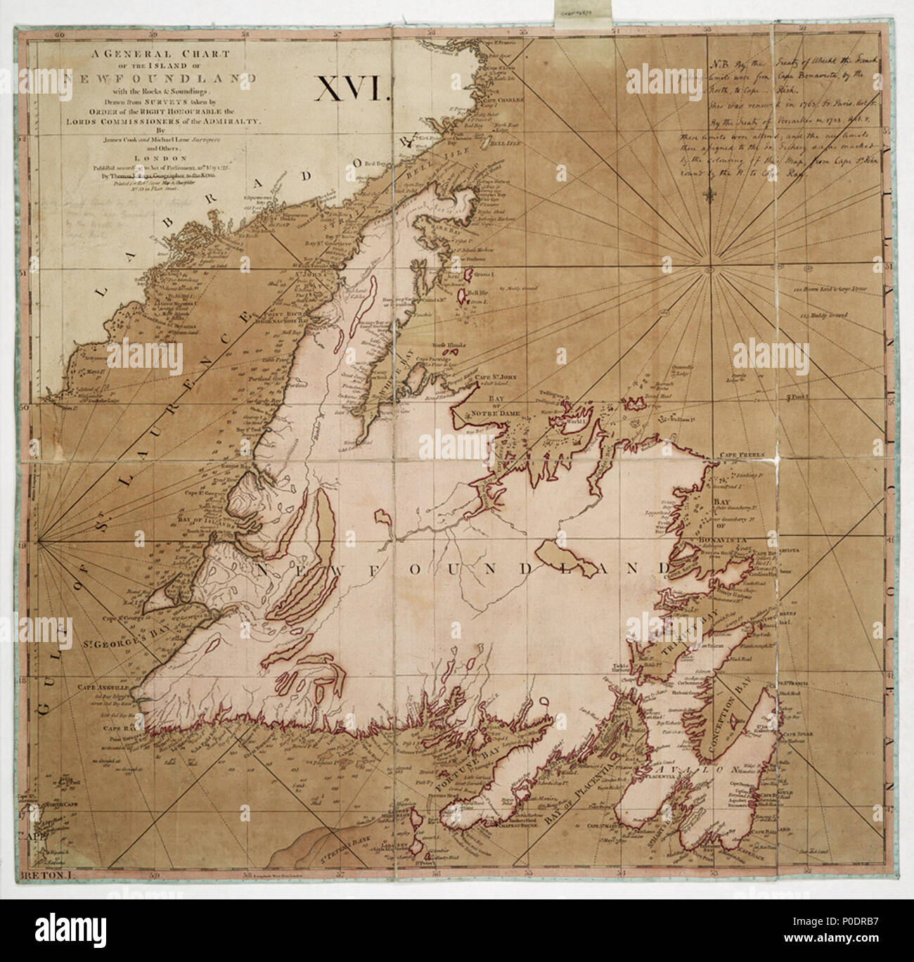.  English: A general chart of the Island of Newfoundland with the rocks & soundings... by James Cook and Michael Lane surveyors and othersSingle sheet. Engr. Medium: Segmented and backed. Scale: ca. 1:1 300 000. Additional Places: Canada. Gren75B/9 A general chart of the Island of Newfoundland with the rocks & soundings... by James Cook and Michael Lane surveyors and others  . 1775. James Cook; Michael Lane; Thomas Jefferys 105 A general chart of the Island of Newfoundland with the rocks and soundings - by James Cook and Michael Lane surveyors and others RMG K1074 Stock Photo