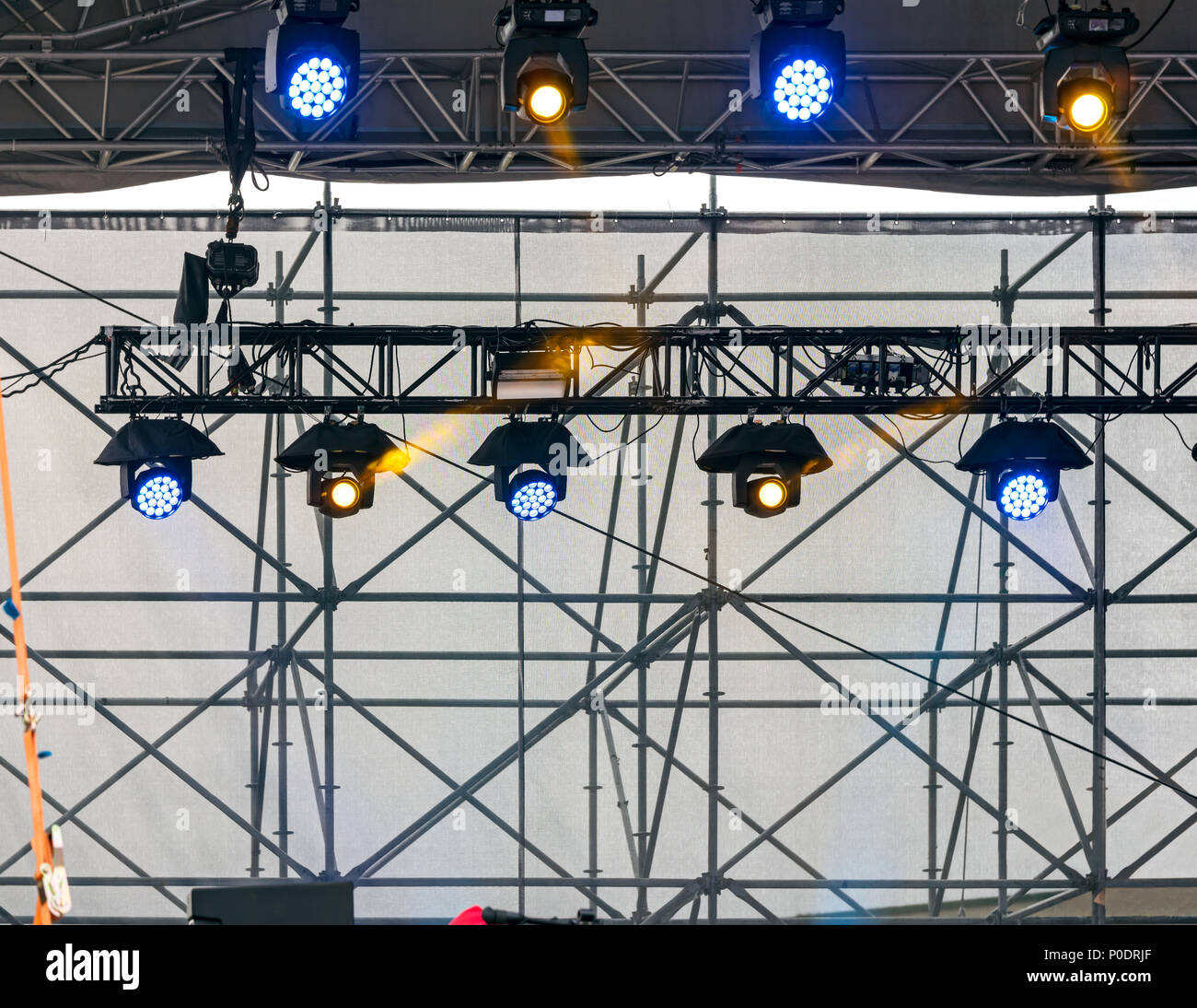 stage spotlight projectors before outdoor concert or show  Stock Photo