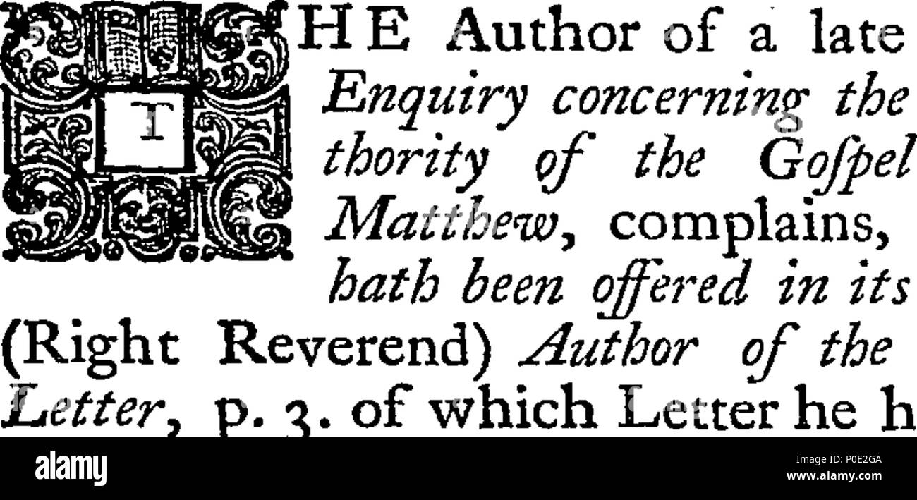 . English: Fleuron from book: A vindication of the Gospel of St. Matthew, against a late tract entitled, A dissertation or inquiry concerning the canonical authority of the Gospel according to Matthew. By Leonard Twells, Vicar of St. Mary's in Marlborough. 245 A vindication of the Gospel of St Fleuron T104009-5 Stock Photo