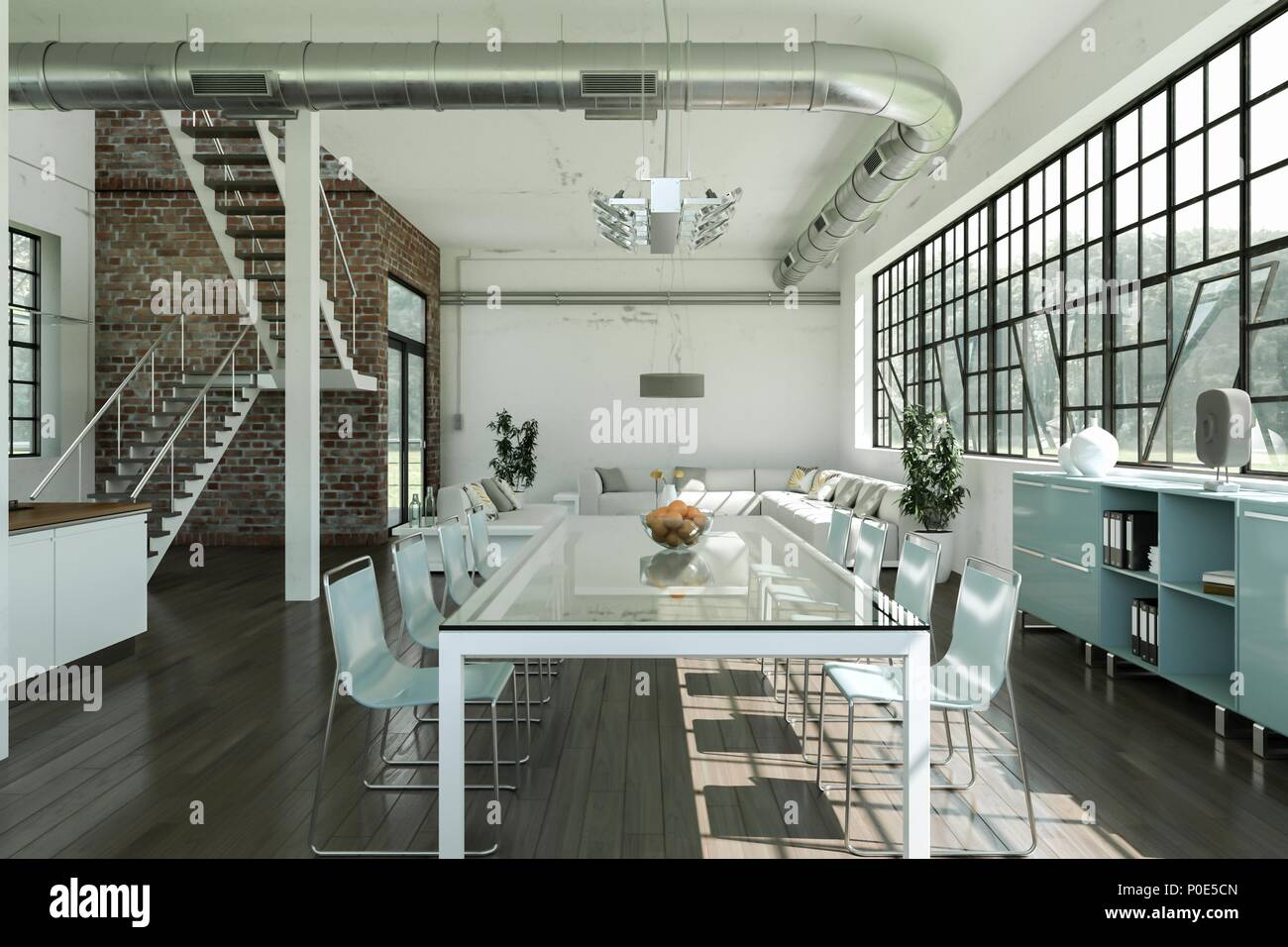 modern bright dining room in loft interior design Stock Photo - Alamy