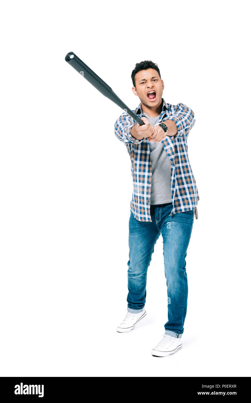 aggressive young african american man hitting with baseball bat