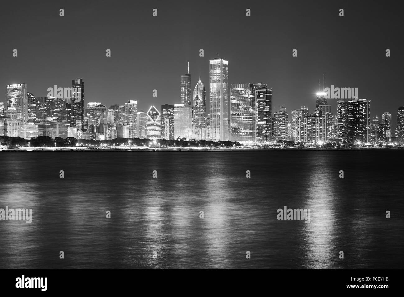 Black and white Chicago waterfront panorama at night, USA Stock Photo ...