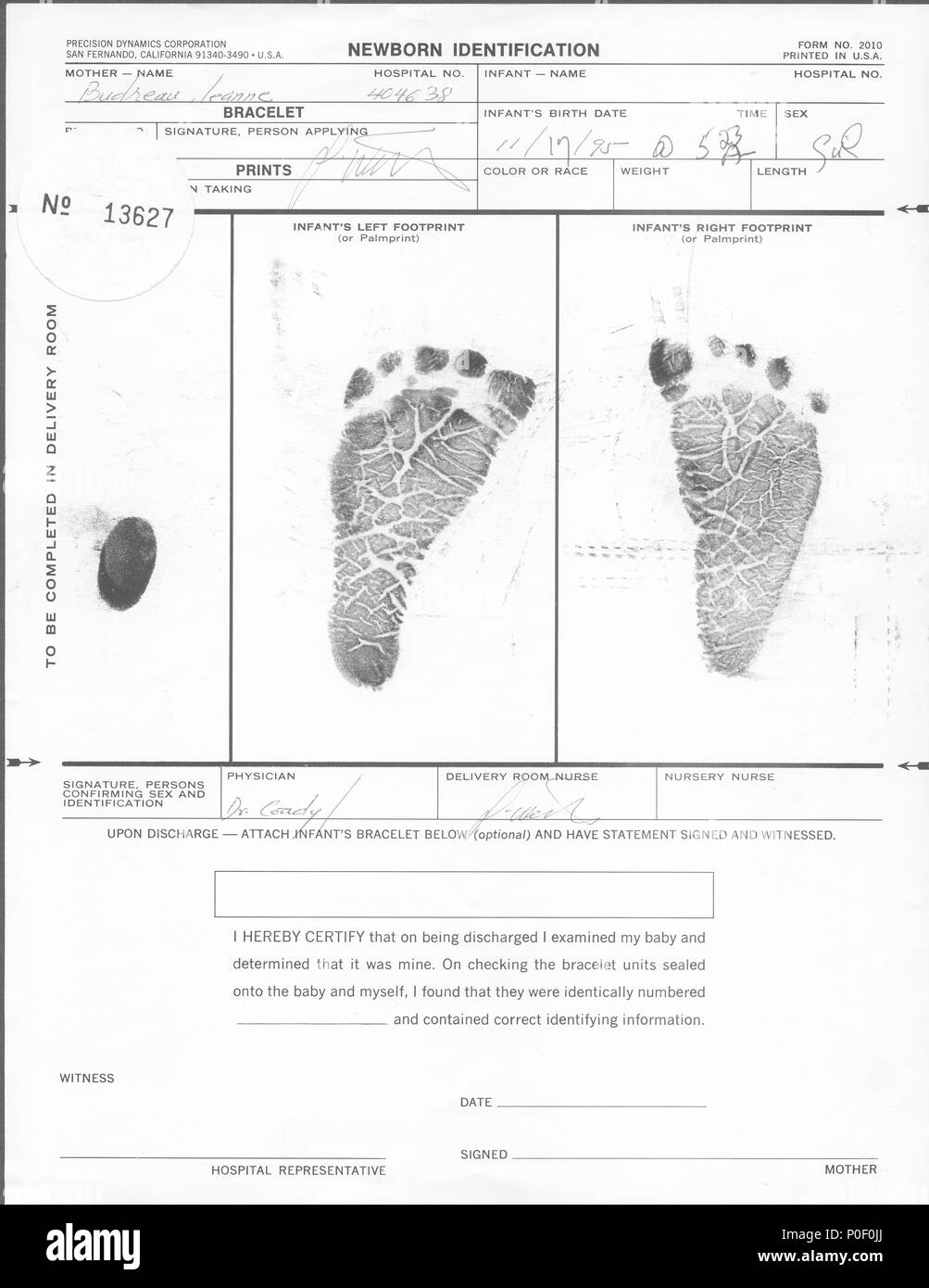 A copy of an original baby girls footprint taken at the hospital as a identification system in the US Stock Photo