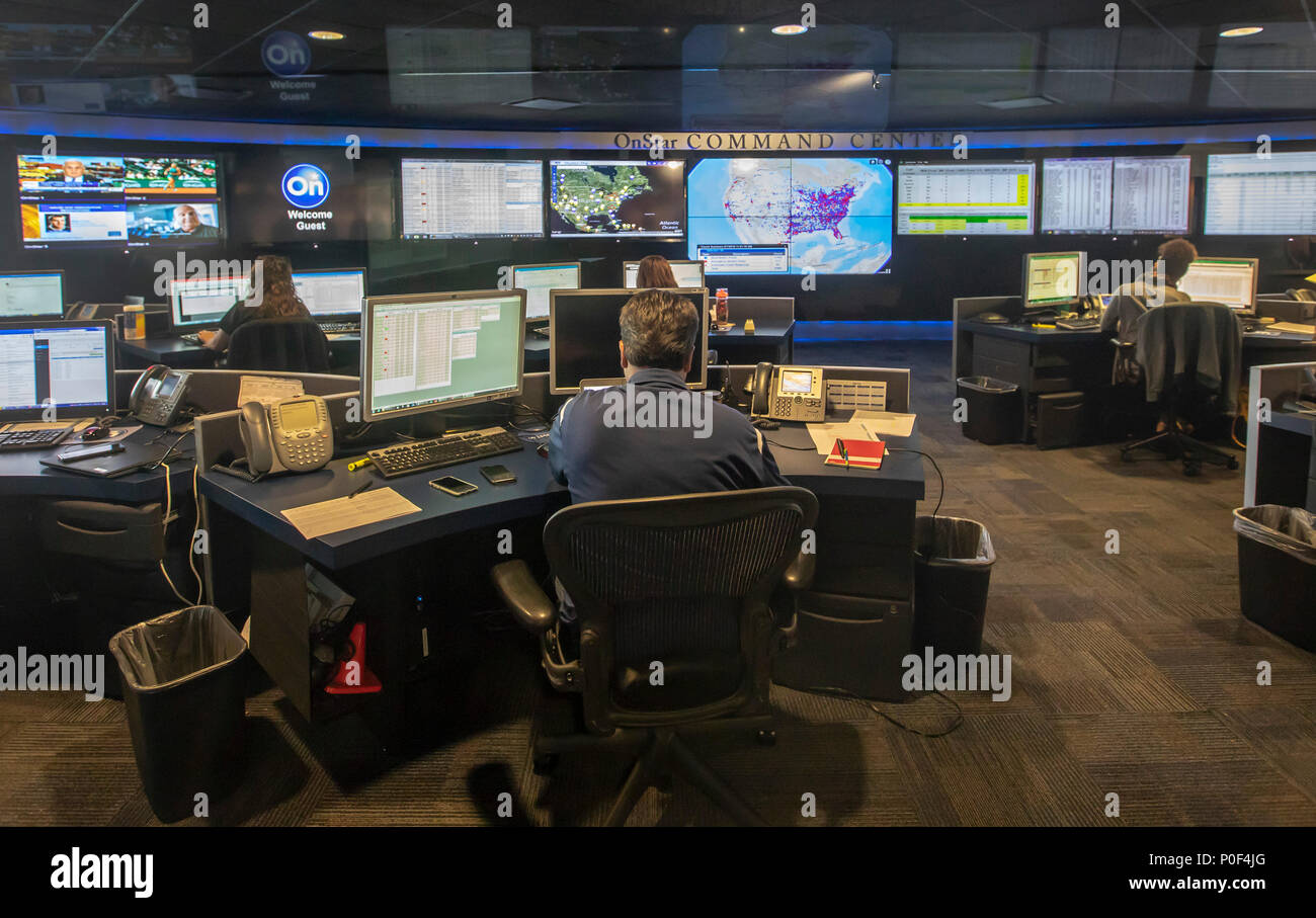 Detroit, Michigan - The OnStar Command Center at General Motors' headquarters. Workers here oversee calls coming into OnStar's three North American ca Stock Photo