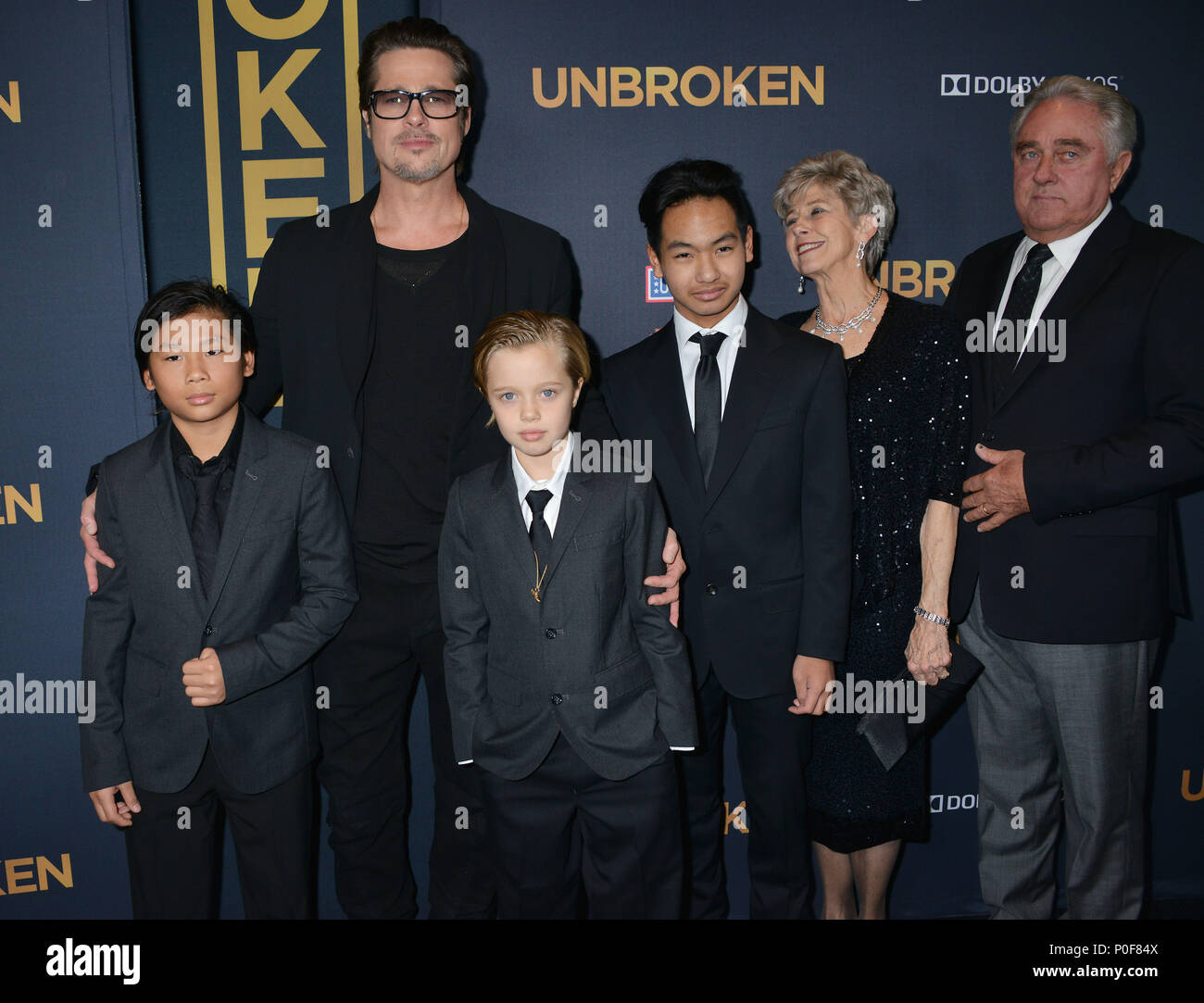 a  Brad Pitt, (L-R) Pax Thien Jolie-Pitt, Shiloh Nouvel Jolie-Pitt,, Maddox Jolie-Pitt, Jane Pitt, and William Pitt 001  at the Unbroken Premiere at the Dolby Theatre in Los Angeles. Dec. 14, 2014a  Brad Pitt, (L-R) Pax Thien Jolie-Pitt, Shiloh Nouvel Jolie-Pitt,, Maddox Jolie-Pitt, Jane Pitt, and William Pitt 001 ------------- Red Carpet Event, Vertical, USA, Film Industry, Celebrities,  Photography, Bestof, Arts Culture and Entertainment, Topix Celebrities fashion /  Vertical, Best of, Event in Hollywood Life - California,  Red Carpet and backstage, USA, Film Industry, Celebrities,  movie ce Stock Photo
