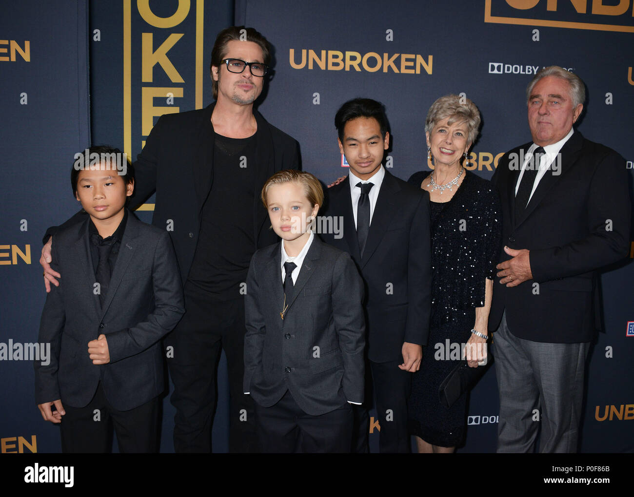 a  Brad Pitt, (L-R) Pax Thien Jolie-Pitt, Shiloh Nouvel Jolie-Pitt,, Maddox Jolie-Pitt, Jane Pitt, and William Pitt 045  at the Unbroken Premiere at the Dolby Theatre in Los Angeles. Dec. 14, 2014a  Brad Pitt, (L-R) Pax Thien Jolie-Pitt, Shiloh Nouvel Jolie-Pitt,, Maddox Jolie-Pitt, Jane Pitt, and William Pitt 045 ------------- Red Carpet Event, Vertical, USA, Film Industry, Celebrities,  Photography, Bestof, Arts Culture and Entertainment, Topix Celebrities fashion /  Vertical, Best of, Event in Hollywood Life - California,  Red Carpet and backstage, USA, Film Industry, Celebrities,  movie ce Stock Photo