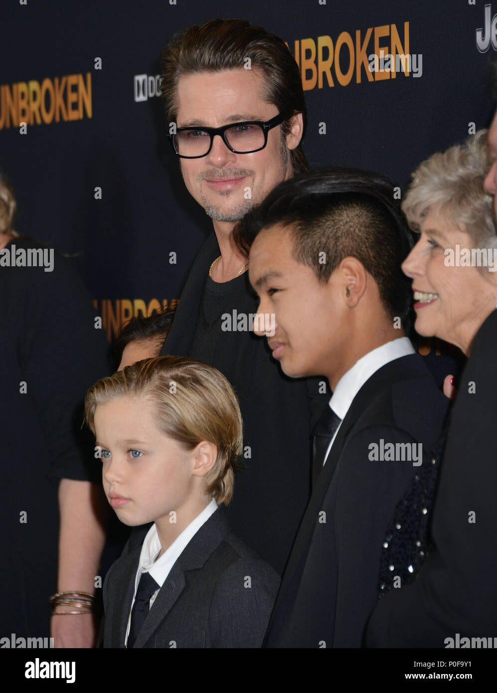 a Brad Pitt (C), (L-R) Pax Thien Jolie-Pitt, Shiloh Nouvel Jolie-Pitt,, Maddox Jolie-Pitt, Jane Pitt, and William Pitt 007  at the Unbroken Premiere at the Dolby Theatre in Los Angeles. Dec. 14, 2014a Brad Pitt (C), (L-R) Pax Thien Jolie-Pitt, Shiloh Nouvel Jolie-Pitt,, Maddox Jolie-Pitt, Jane Pitt, and William Pitt 007 ------------- Red Carpet Event, Vertical, USA, Film Industry, Celebrities,  Photography, Bestof, Arts Culture and Entertainment, Topix Celebrities fashion /  Vertical, Best of, Event in Hollywood Life - California,  Red Carpet and backstage, USA, Film Industry, Celebrities,  mo Stock Photo