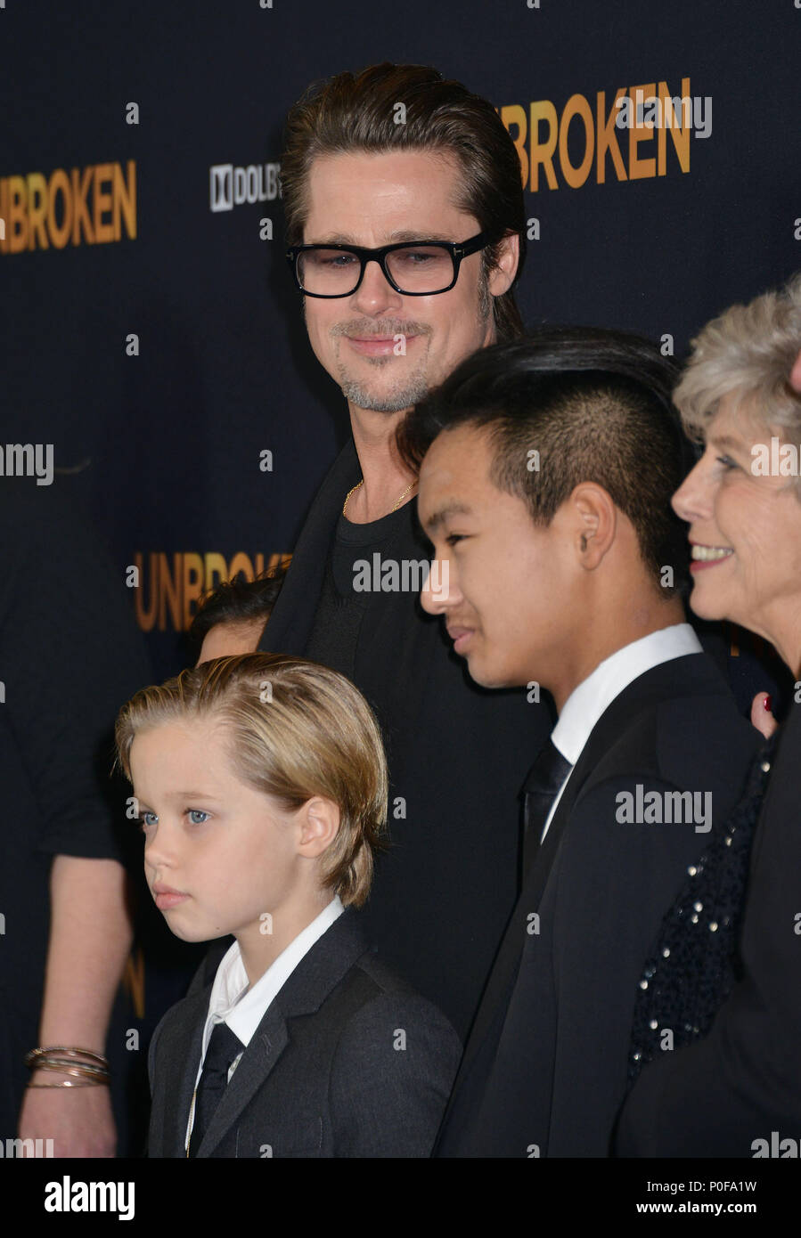 a Brad Pitt, (L-R) Pax Thien Jolie-Pitt, Shiloh Nouvel Jolie-Pitt,, Maddox Jolie-Pitt, Jane Pitt, and William Pitt 048a   at the Unbroken Premiere at the Dolby Theatre in Los Angeles. Dec. 14, 2014a Brad Pitt, (L-R) Pax Thien Jolie-Pitt, Shiloh Nouvel Jolie-Pitt,, Maddox Jolie-Pitt, Jane Pitt, and William Pitt 048a  ------------- Red Carpet Event, Vertical, USA, Film Industry, Celebrities,  Photography, Bestof, Arts Culture and Entertainment, Topix Celebrities fashion /  Vertical, Best of, Event in Hollywood Life - California,  Red Carpet and backstage, USA, Film Industry, Celebrities,  movie  Stock Photo
