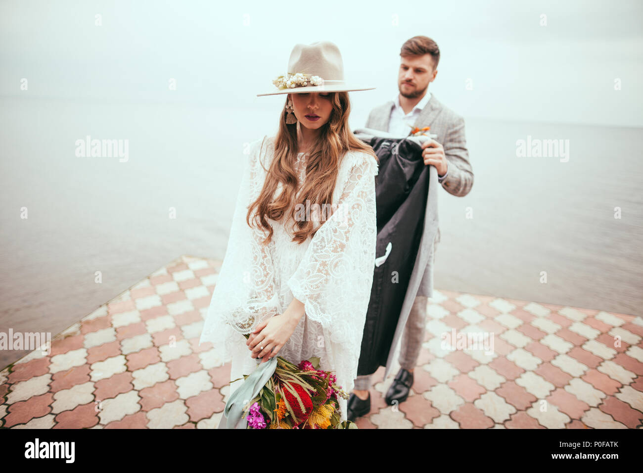 wedding dress and hat