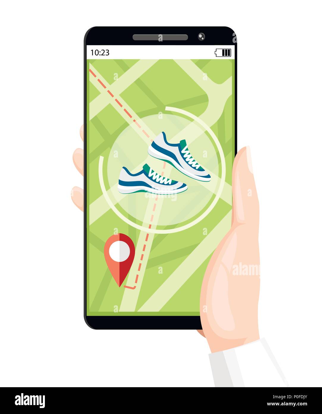 Fitness tracker concept. Smartphone mobile app shows way. Wristband