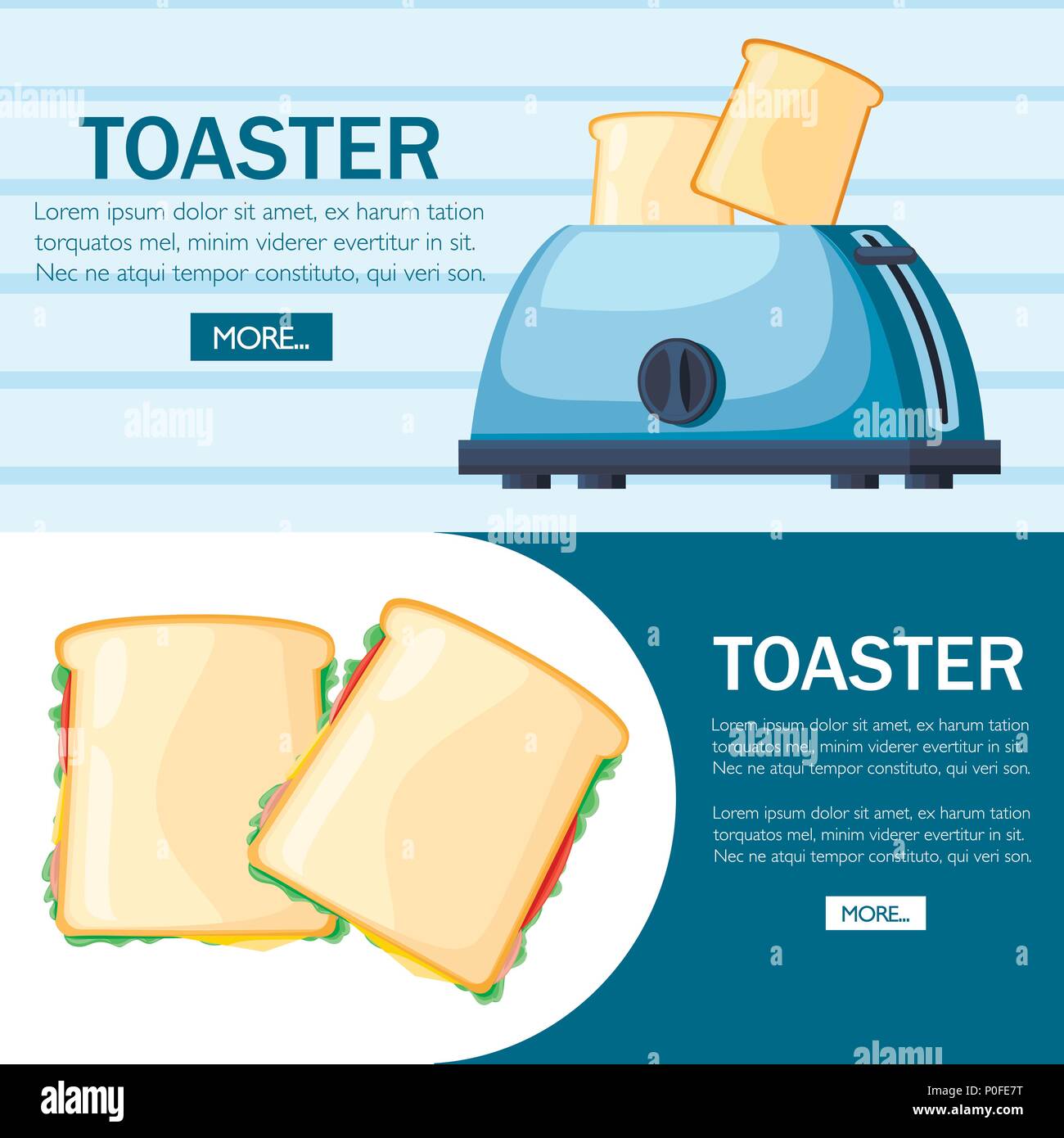 Blue toaster. Steel toaster with two slices of bread. Cartoon style design. Two ready-to-eat sandwich. Vector illustration on background. Stock Vector