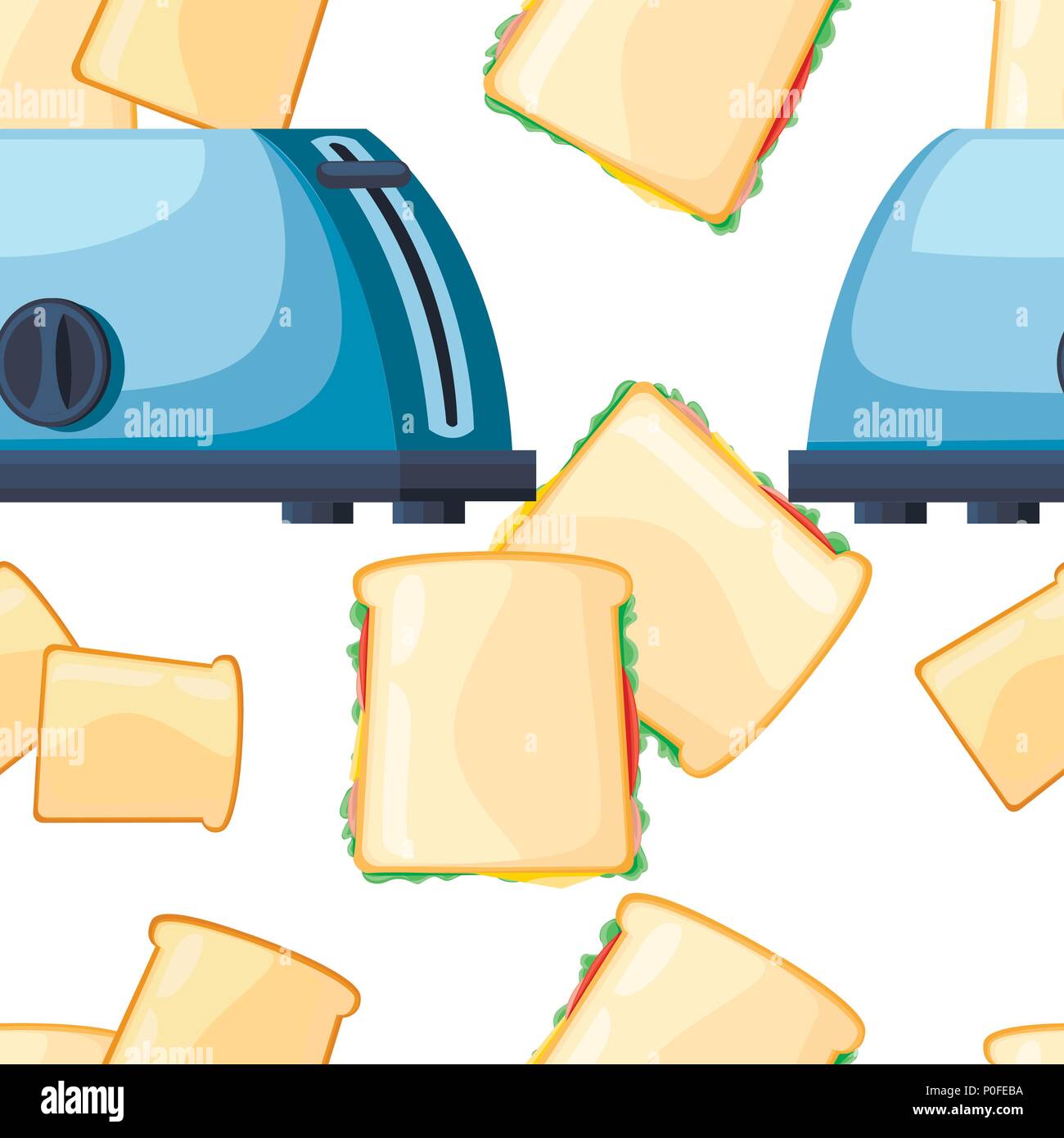 Seamless pattern. Blue toaster. Steel toaster with two slices of bread. Cartoon style design. Two ready-to-eat sandwich. Vector illustration on white  Stock Vector