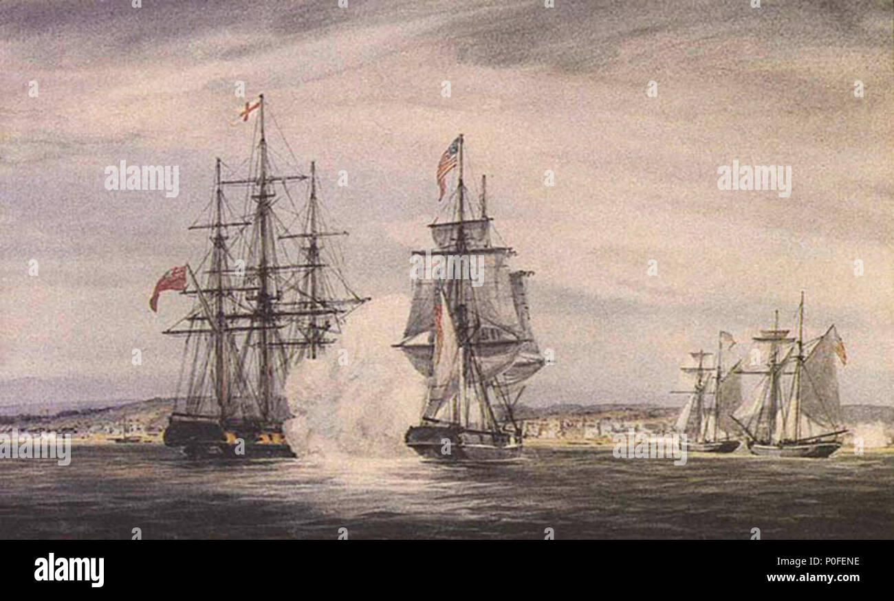 English: Engagement of the American Brig Oneida and British Corvette Royal  George in Kingston Harbour, Upper Canada. Incident occured Nov. 10, 1812. A  historical reconstruction based on written descriptions of the