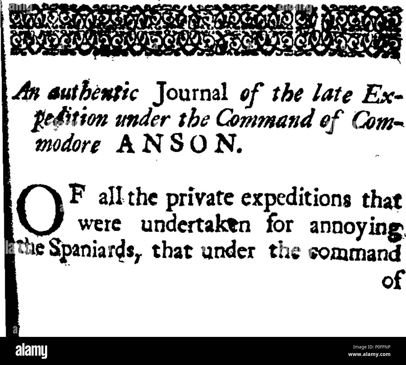 . English: Fleuron from book: A voyage to the South Seas, and to many other parts of the world, performed from the month of September in the year 1740, to June 1744, by Commodore Anson, In his Majesty's Ship the Centurion, Having under his Command The Gloucester, Pearl, Severn, Wager, Trial, and two Store-Ships. By an Officer of the Fleet. 252 A voyage to the South Seas Fleuron T144348-12 Stock Photo