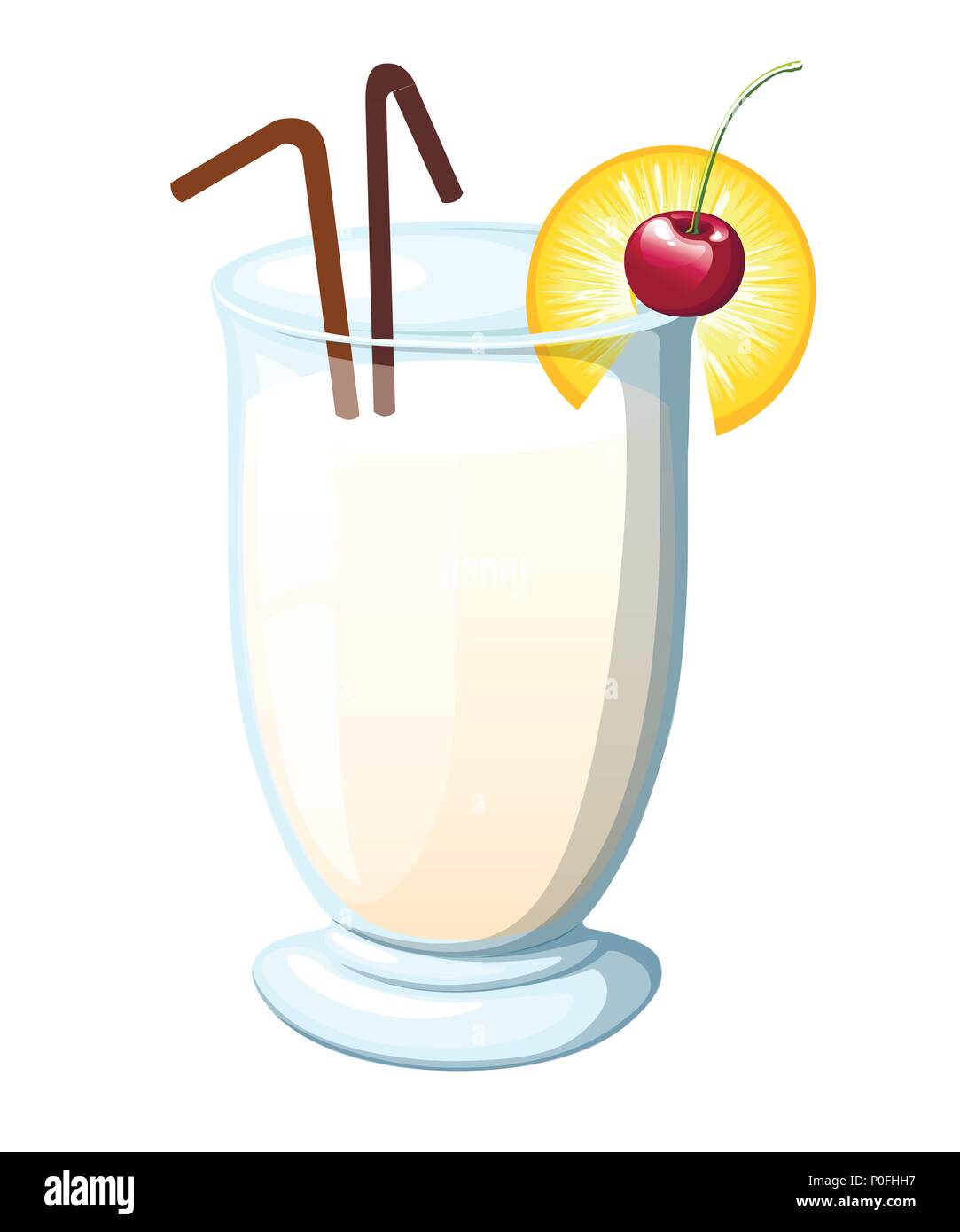 Pina Colada cocktail garnished with maraschino cherry. Pineapple wedge. Brown straw tubes. Flat vector illustration isolated on white background. Stock Vector